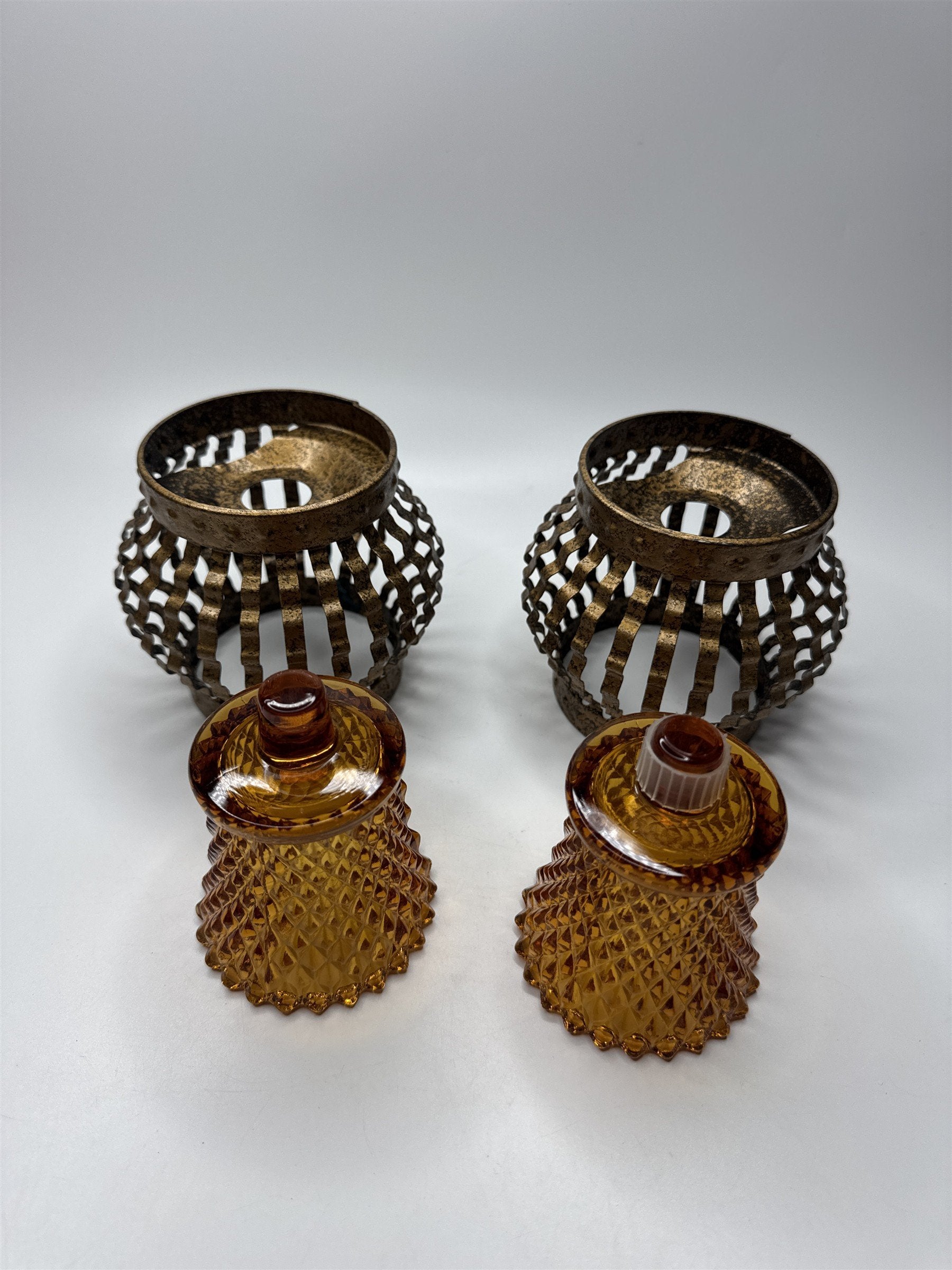 1970s Vintage Home Interiors Metal Caged Votive Candle Holders /w Hobnail Votive