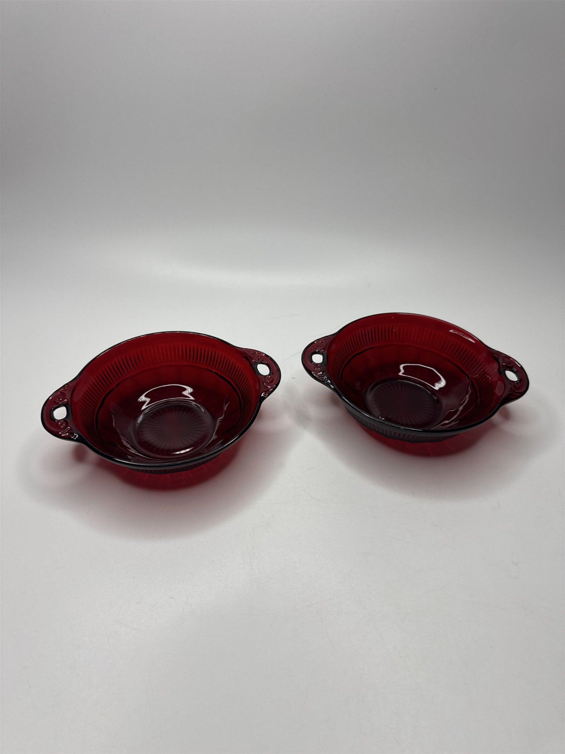 Set of 2 Ruby Red Glass Dessert Bowls with Handles 4.5" Berry Compote Coronation