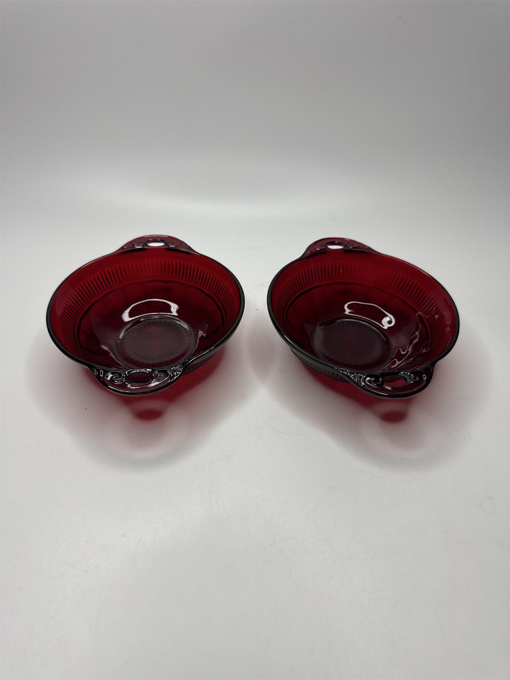 Set of 2 Ruby Red Glass Dessert Bowls with Handles 4.5" Berry Compote Coronation