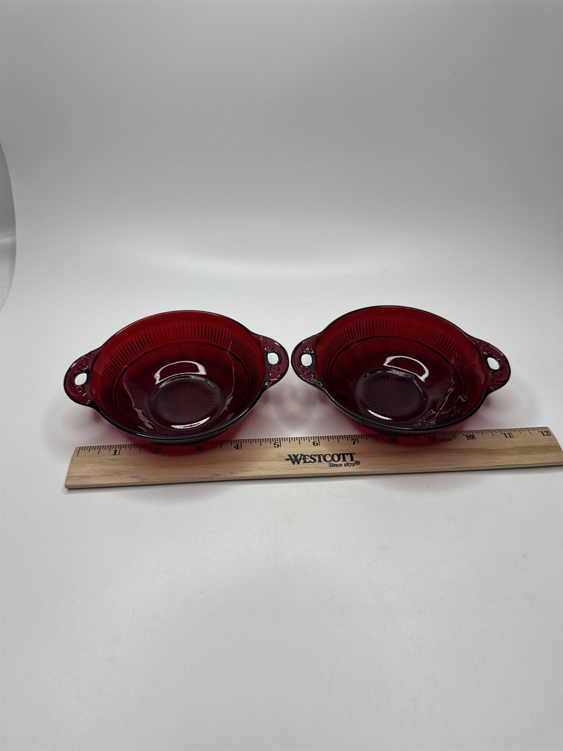 Set of 2 Ruby Red Glass Dessert Bowls with Handles 4.5" Berry Compote Coronation