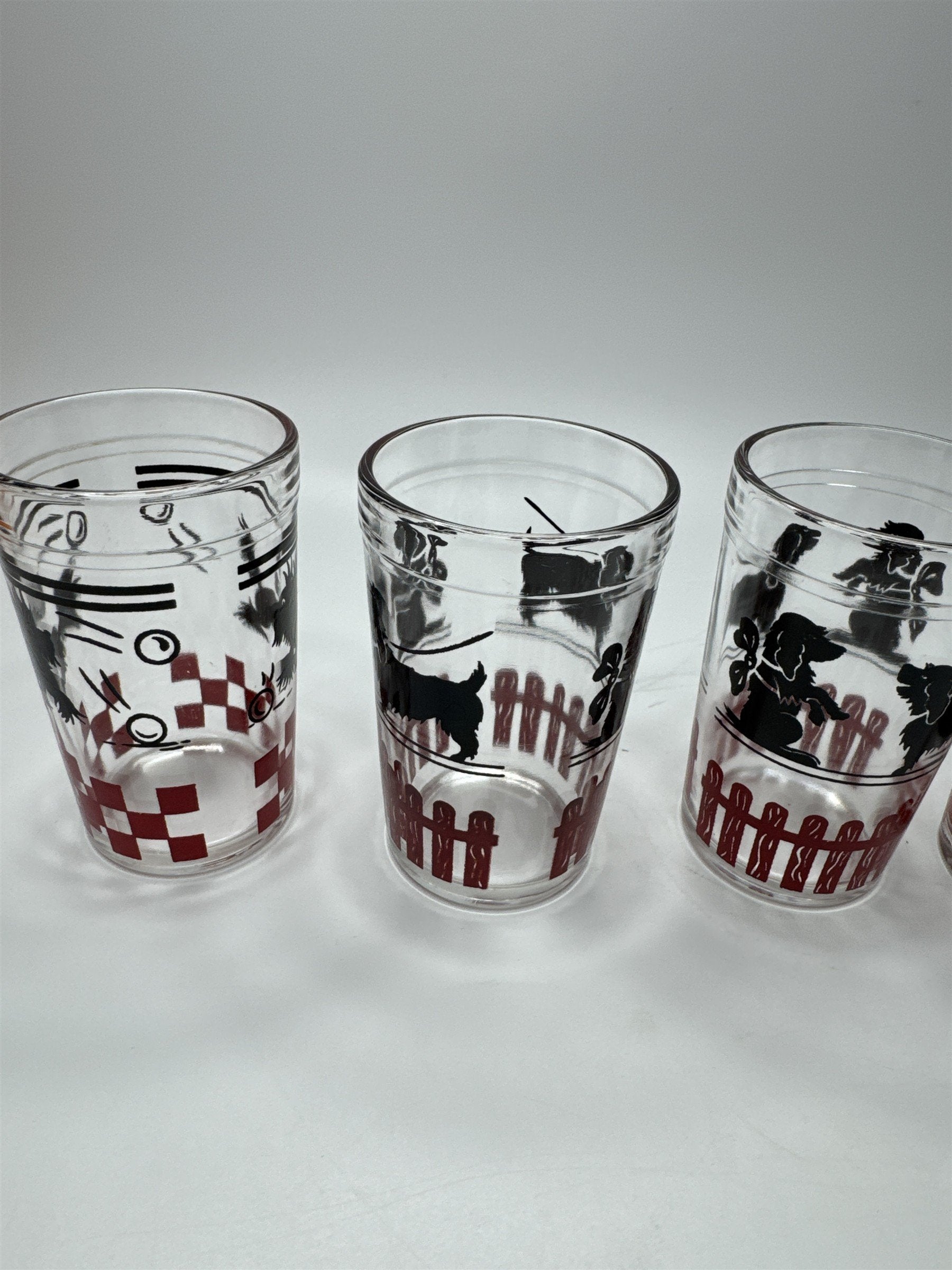 Set of 6 Vtg Hazel Atlas MCM Puppy Dogs Having Fun Doing Tricks Juice Glasses