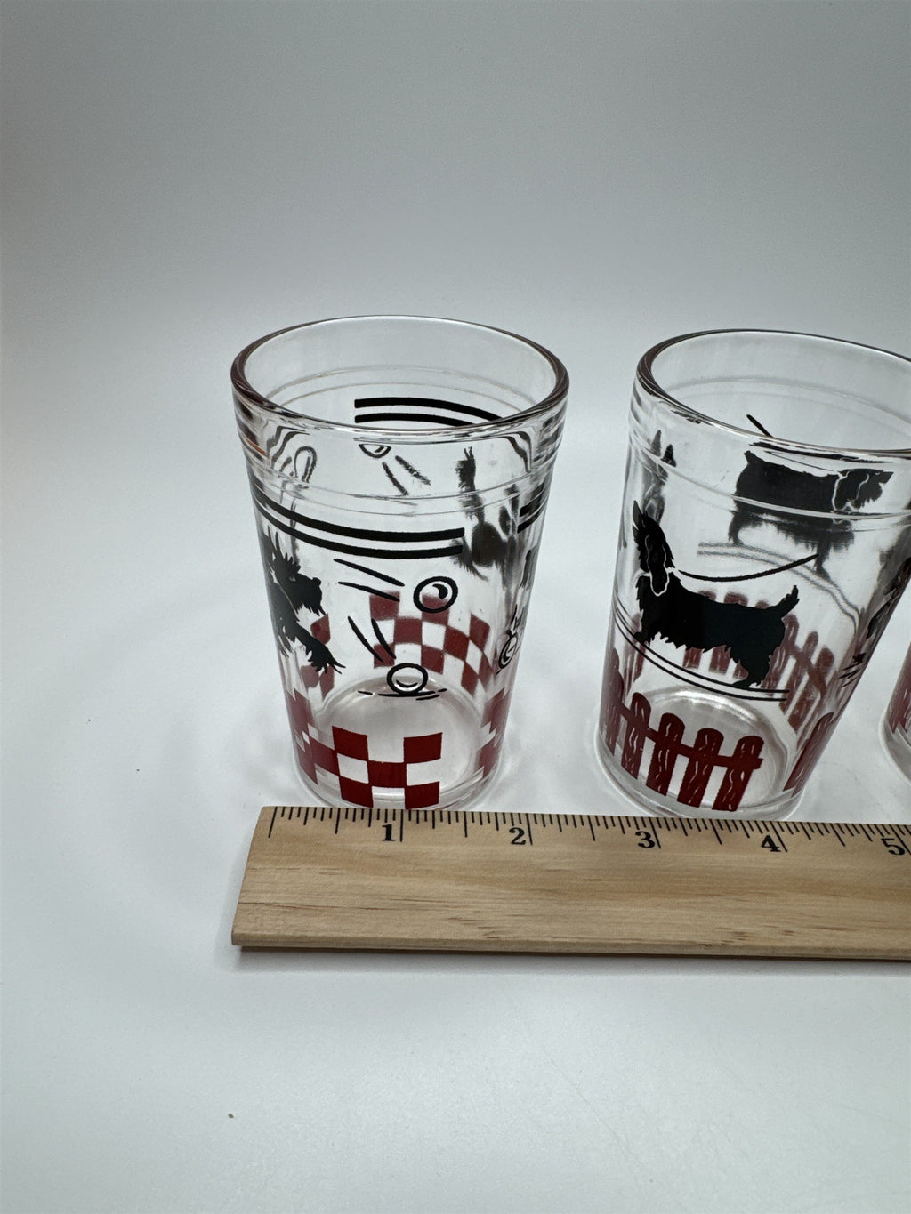 Set of 6 Vtg Hazel Atlas MCM Puppy Dogs Having Fun Doing Tricks Juice Glasses