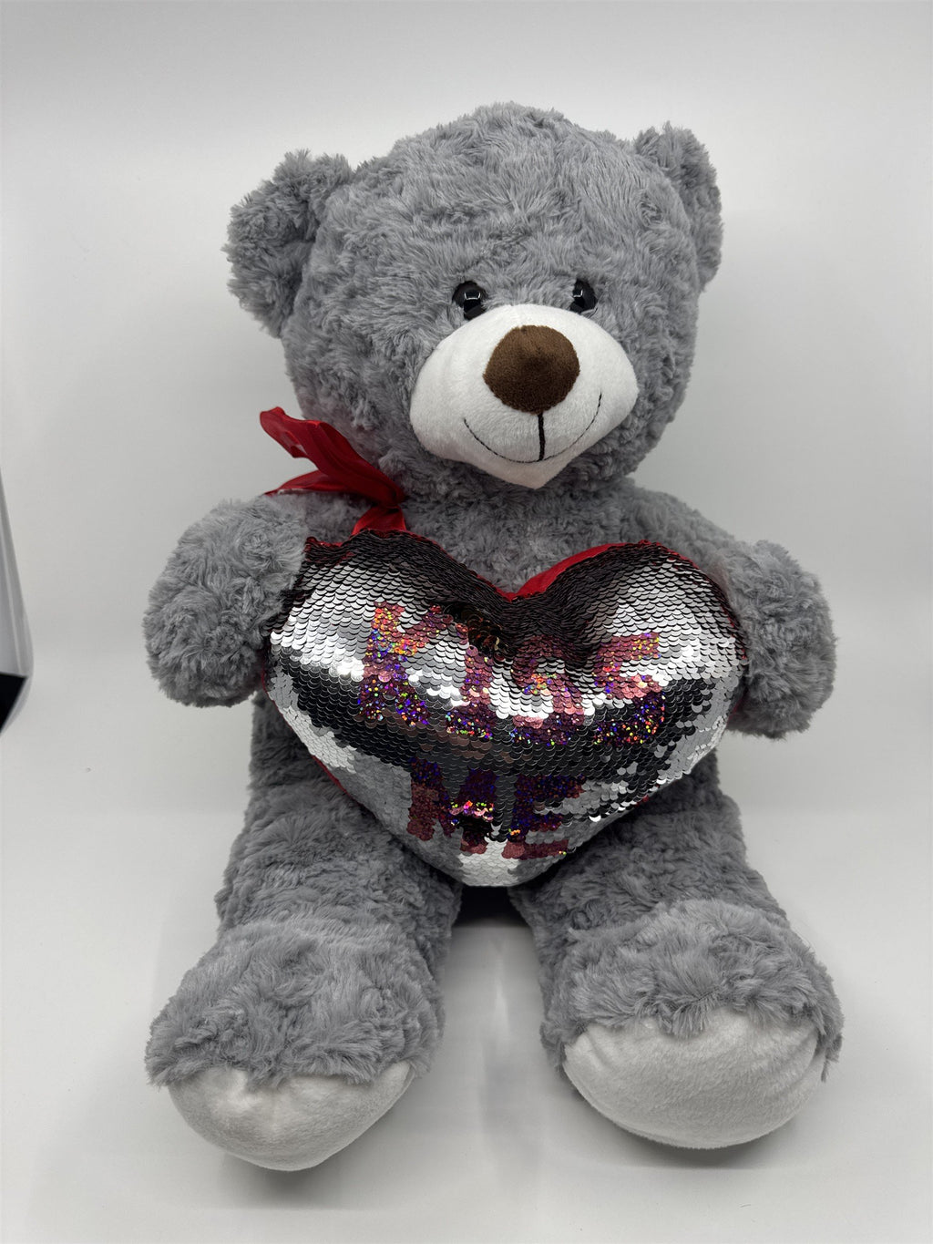 Kiss Me Valentine's Day Grey Stuffed Animal Teddy Bear with Sequin Heart