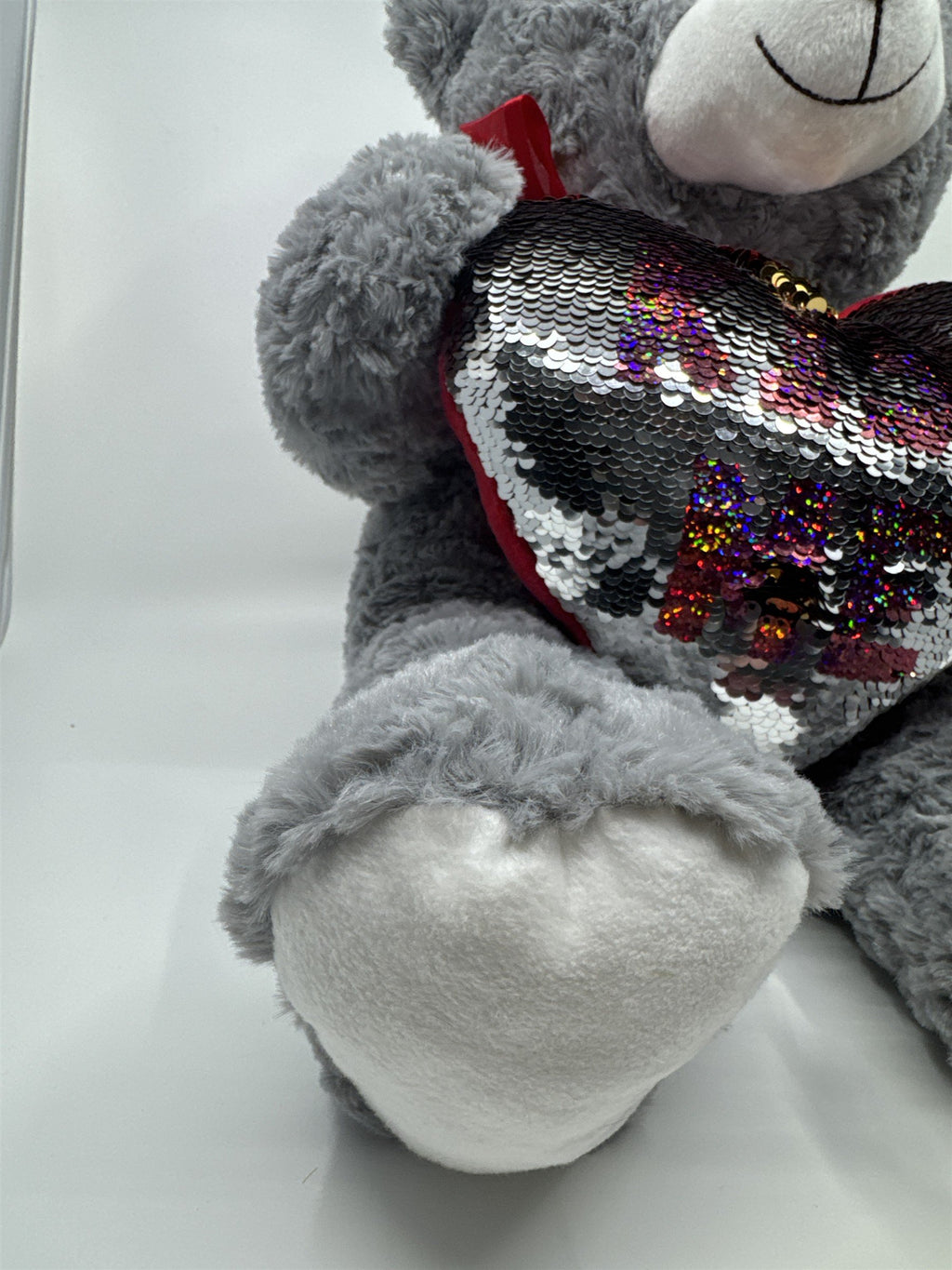 Kiss Me Valentine's Day Grey Stuffed Animal Teddy Bear with Sequin Heart