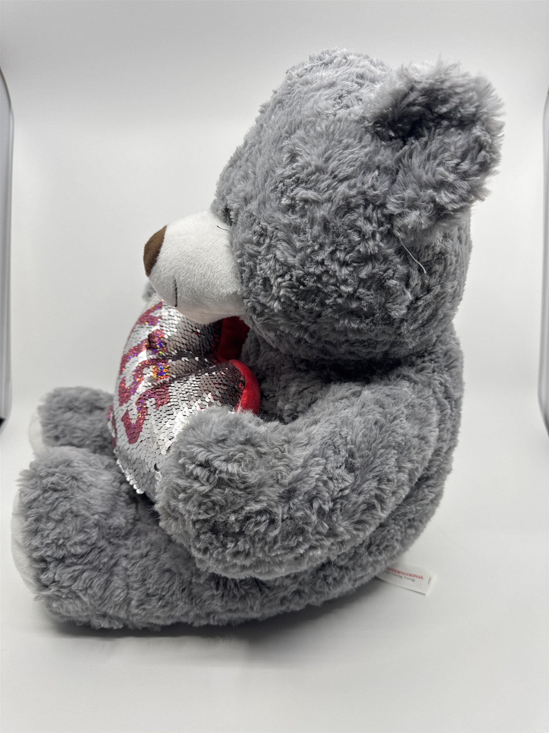 Kiss Me Valentine's Day Grey Stuffed Animal Teddy Bear with Sequin Heart