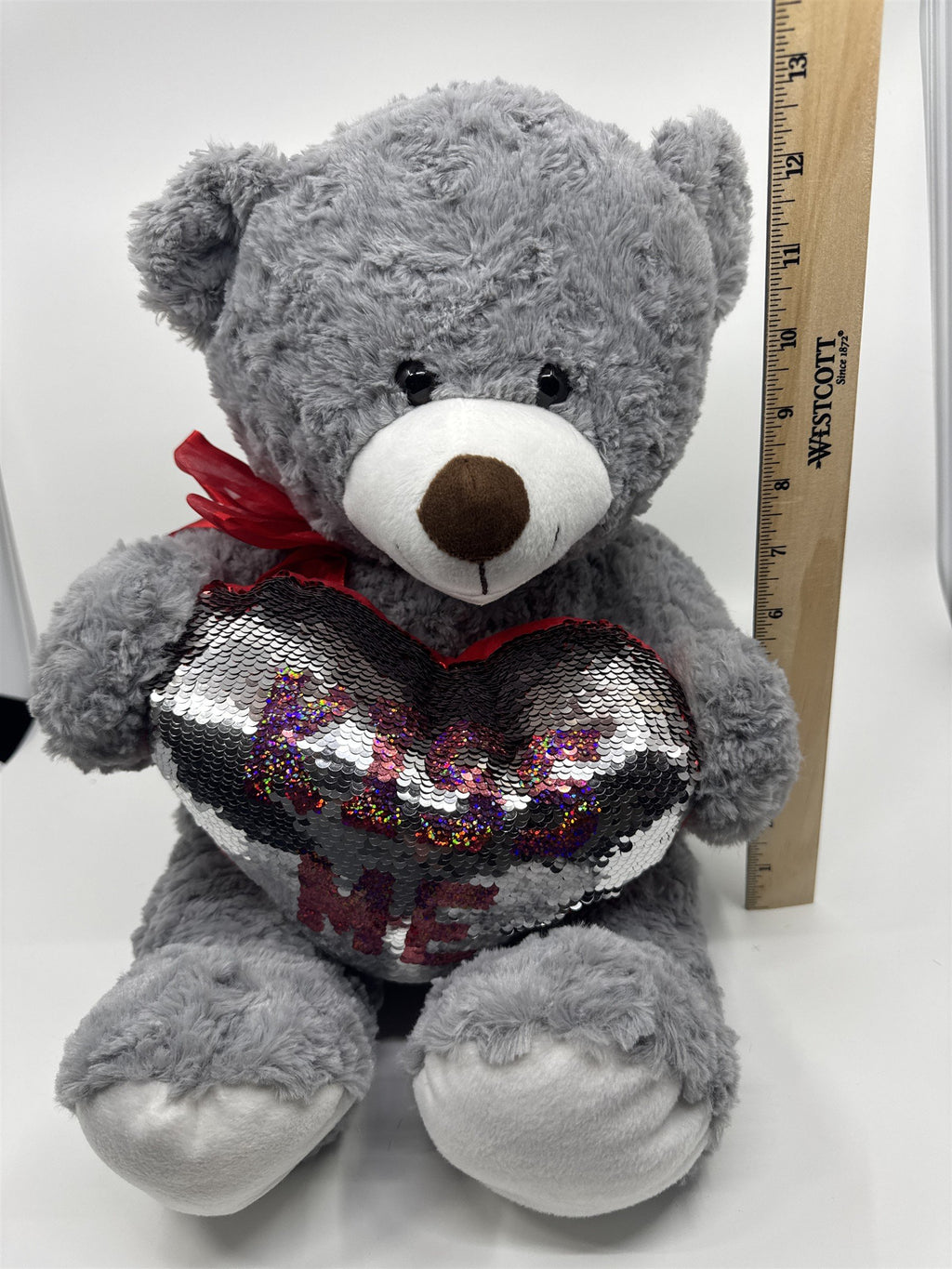 Kiss Me Valentine's Day Grey Stuffed Animal Teddy Bear with Sequin Heart