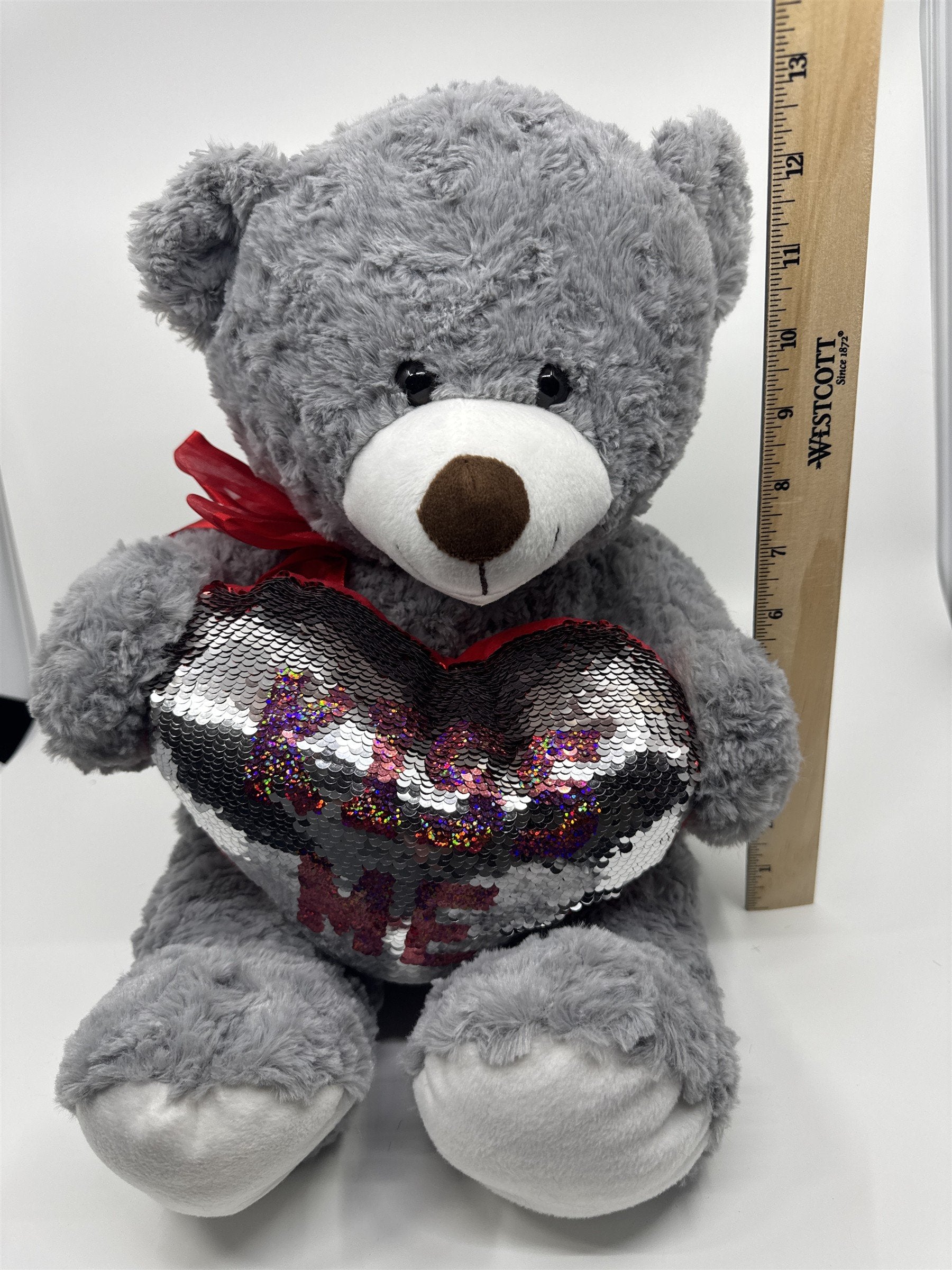 Kiss Me Valentine's Day Grey Stuffed Animal Teddy Bear with Sequin Heart