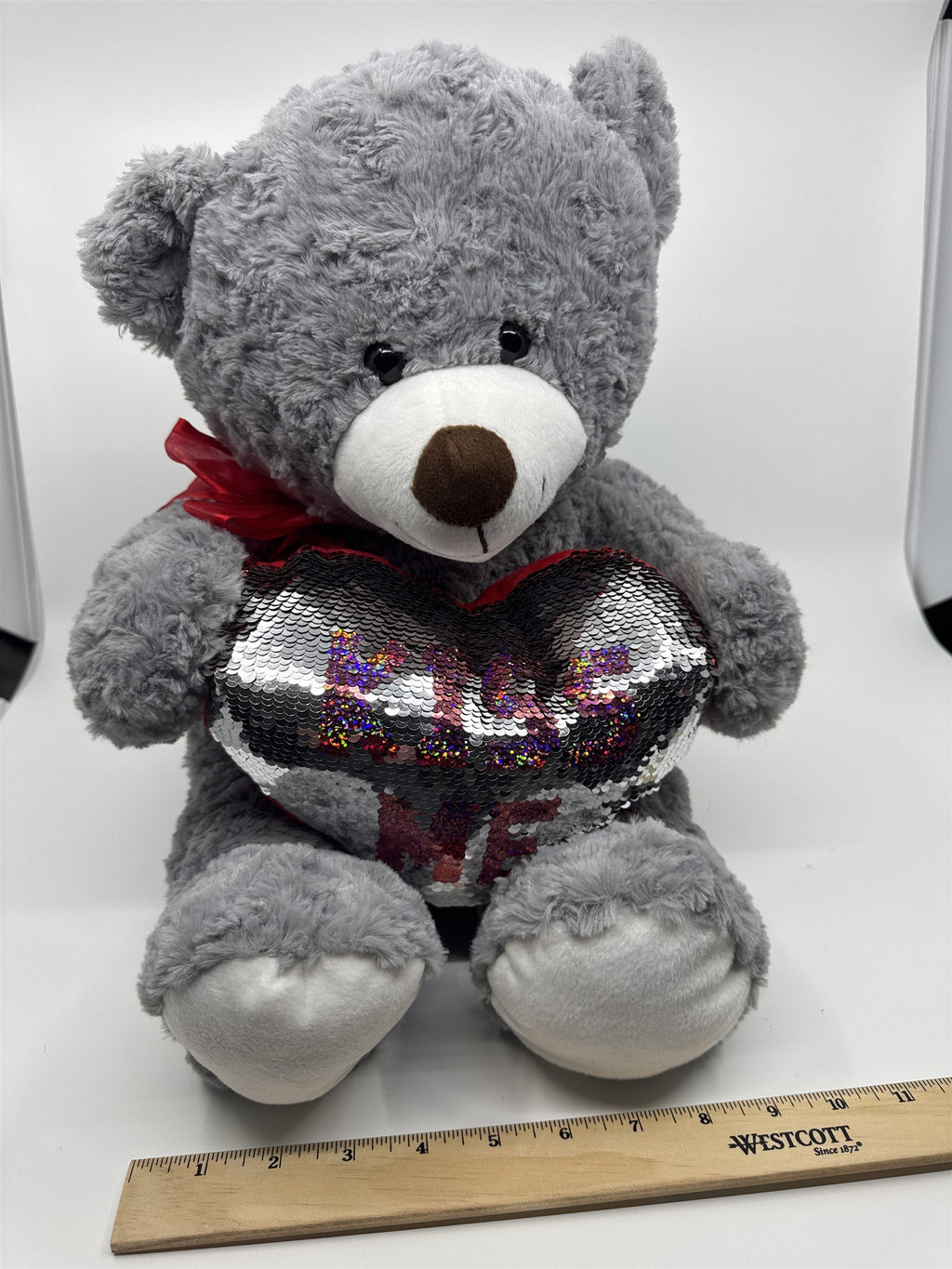 Kiss Me Valentine's Day Grey Stuffed Animal Teddy Bear with Sequin Heart