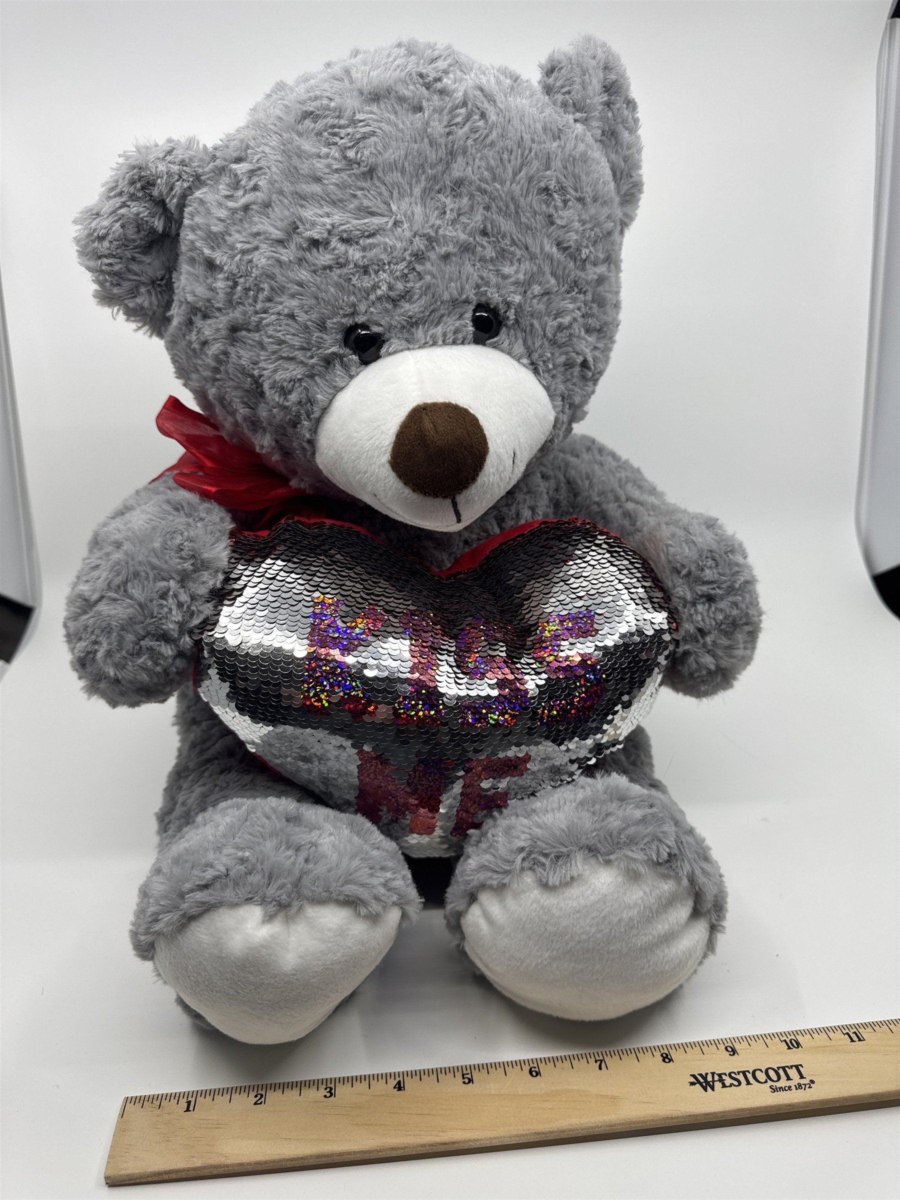 Kiss Me Valentine's Day Grey Stuffed Animal Teddy Bear with Sequin Heart