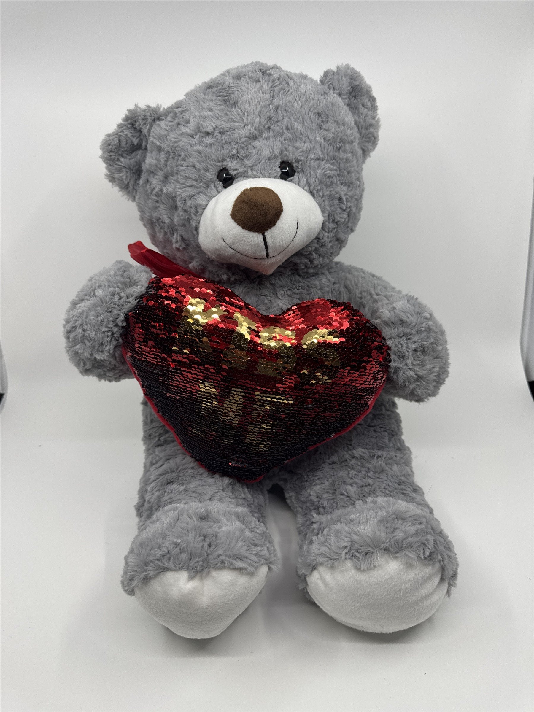 Kiss Me Valentine's Day Grey Stuffed Animal Teddy Bear with Sequin Heart