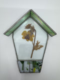 Vintage House-Shaped Stained Glass with Pressed Dried Yellow Flower inside