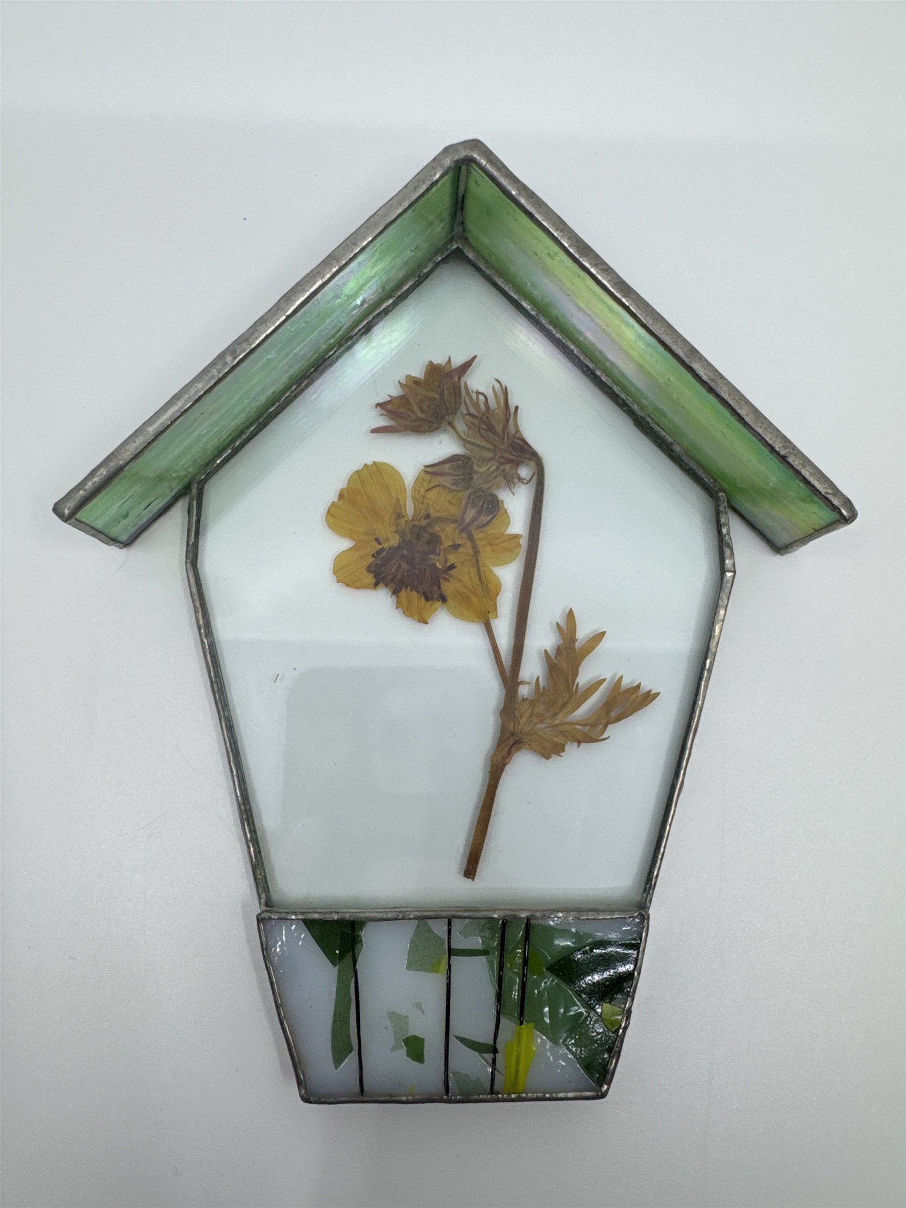 Vintage House-Shaped Stained Glass with Pressed Dried Yellow Flower inside
