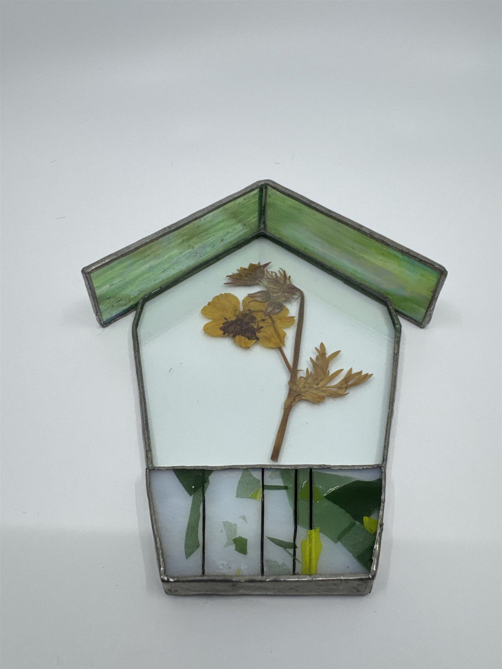 Vintage House-Shaped Stained Glass with Pressed Dried Yellow Flower inside