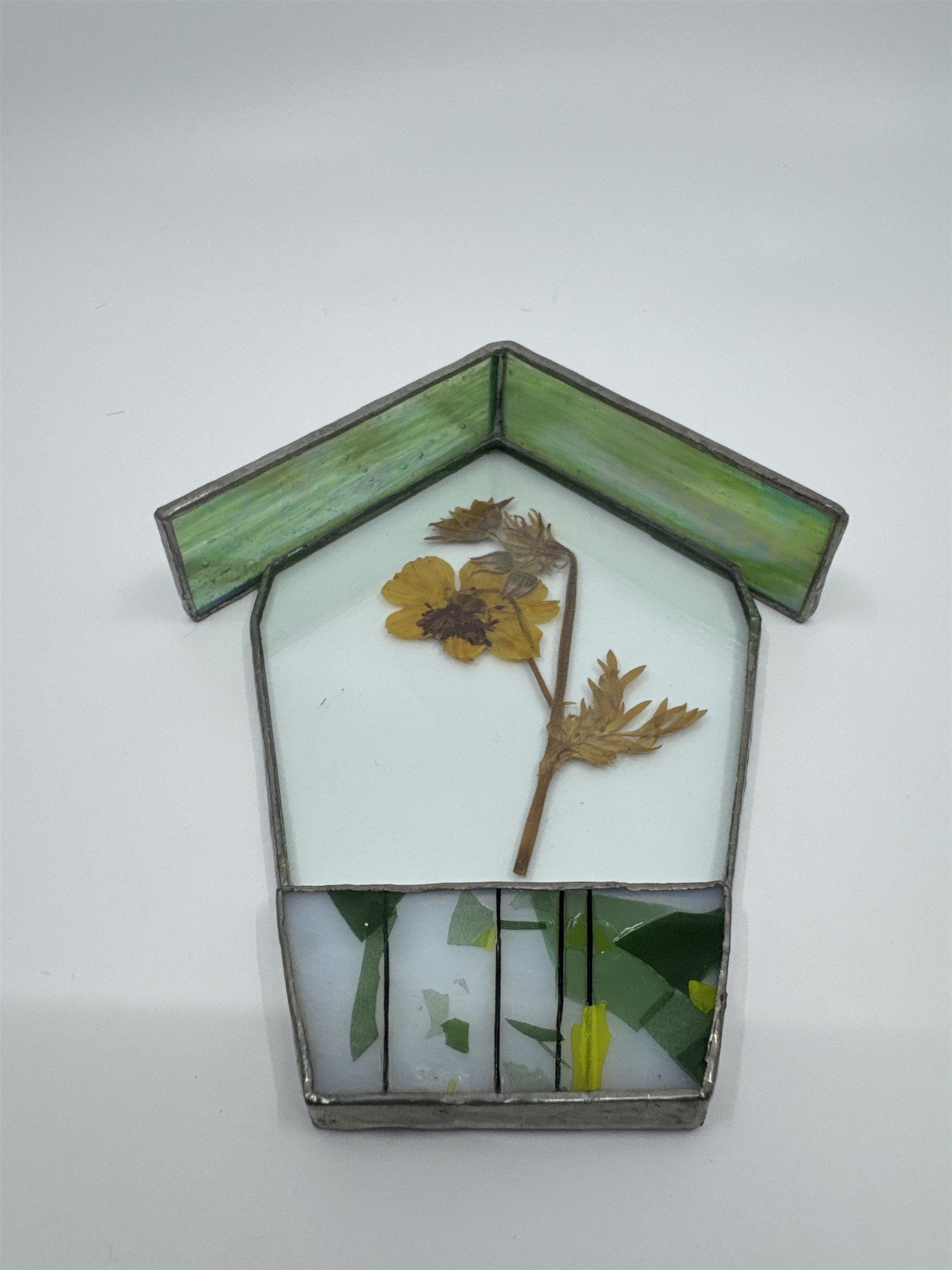 Vintage House-Shaped Stained Glass with Pressed Dried Yellow Flower inside