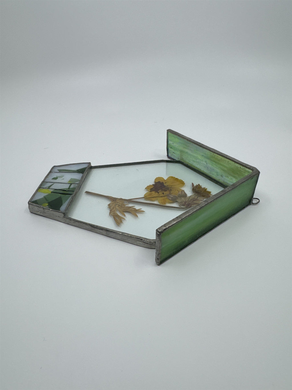 Vintage House-Shaped Stained Glass with Pressed Dried Yellow Flower inside