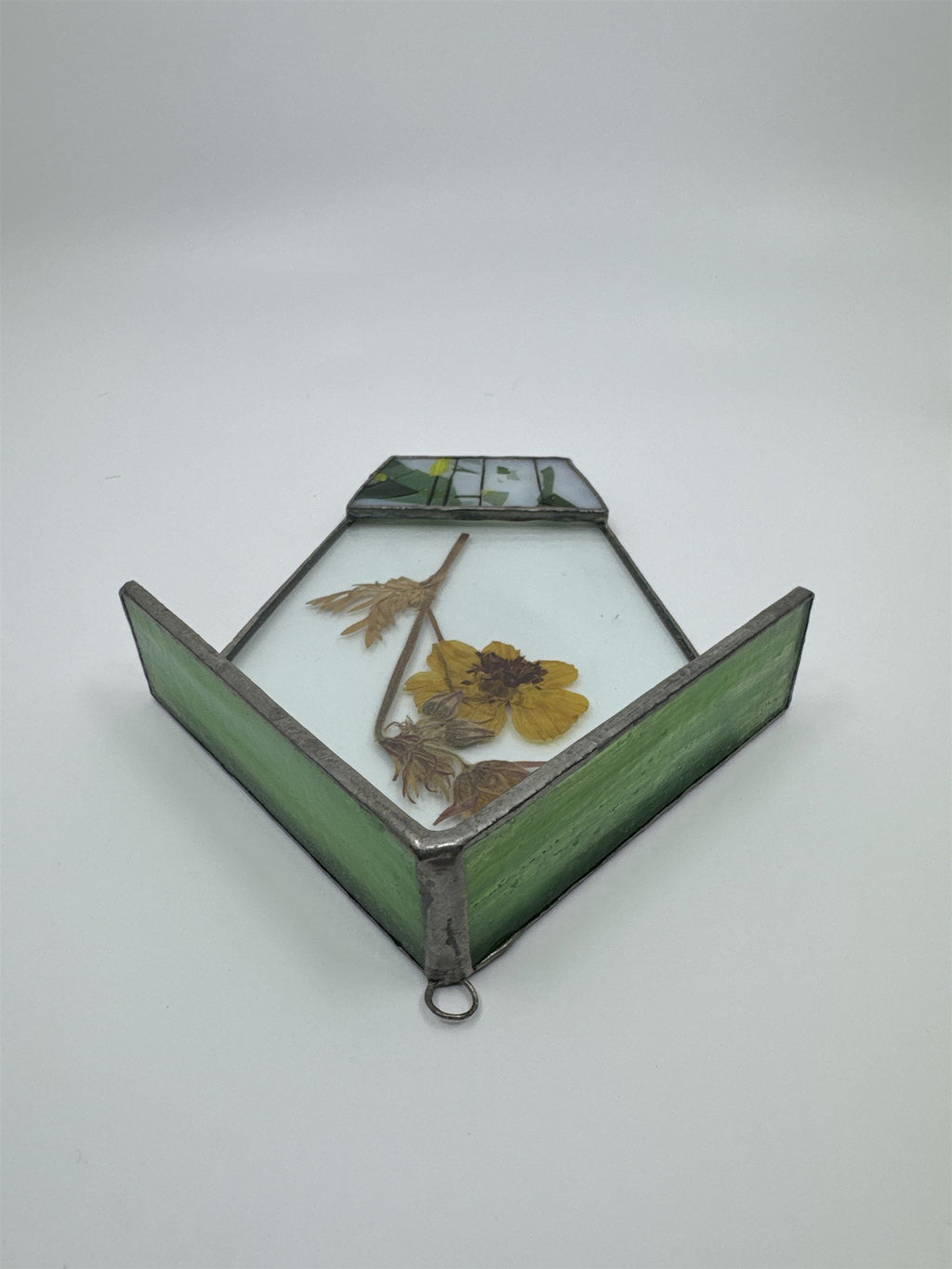 Vintage House-Shaped Stained Glass with Pressed Dried Yellow Flower inside