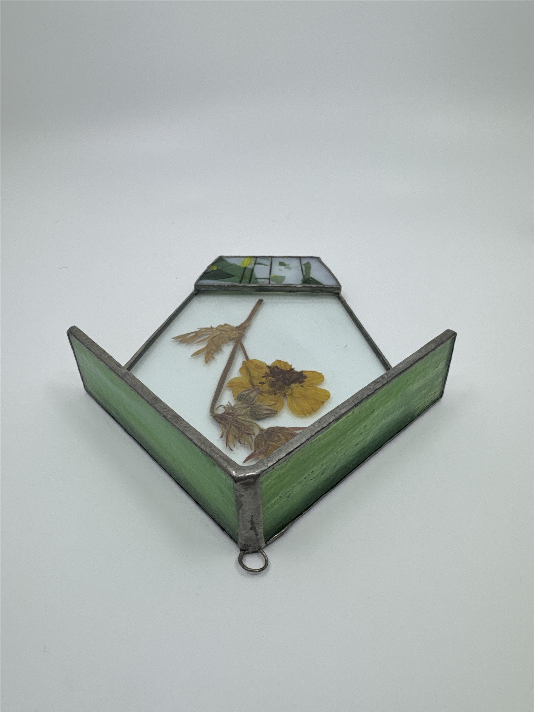 Vintage House-Shaped Stained Glass with Pressed Dried Yellow Flower inside
