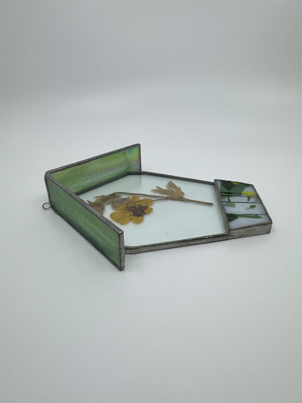 Vintage House-Shaped Stained Glass with Pressed Dried Yellow Flower inside