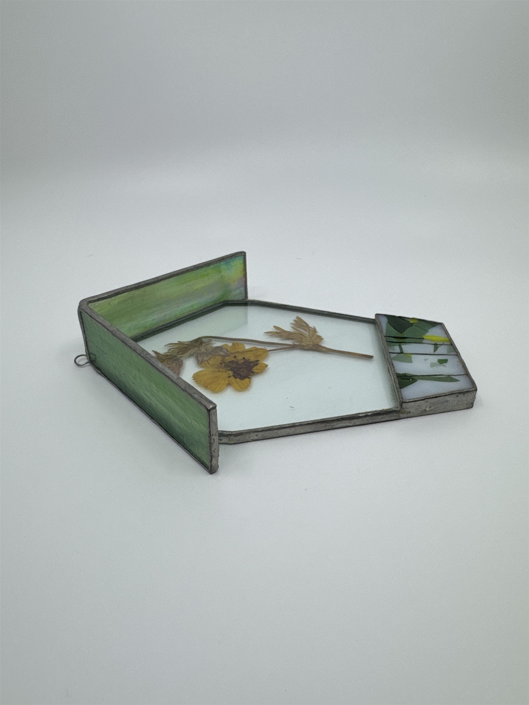 Vintage House-Shaped Stained Glass with Pressed Dried Yellow Flower inside