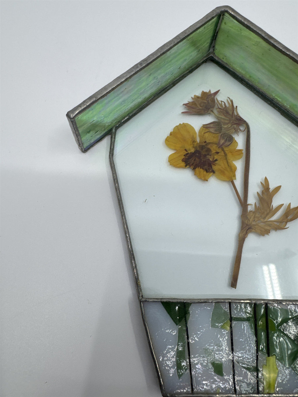 Vintage House-Shaped Stained Glass with Pressed Dried Yellow Flower inside