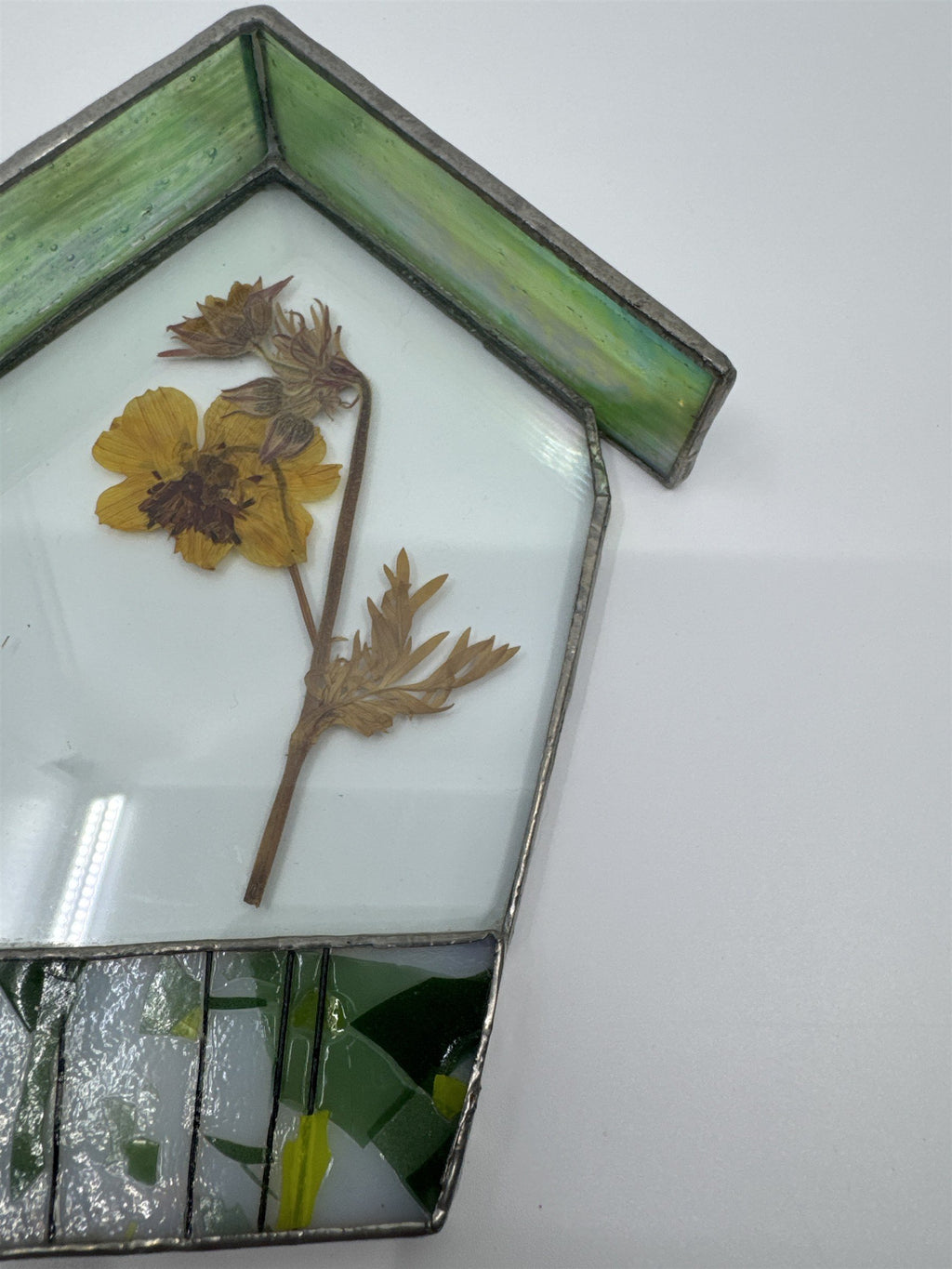 Vintage House-Shaped Stained Glass with Pressed Dried Yellow Flower inside