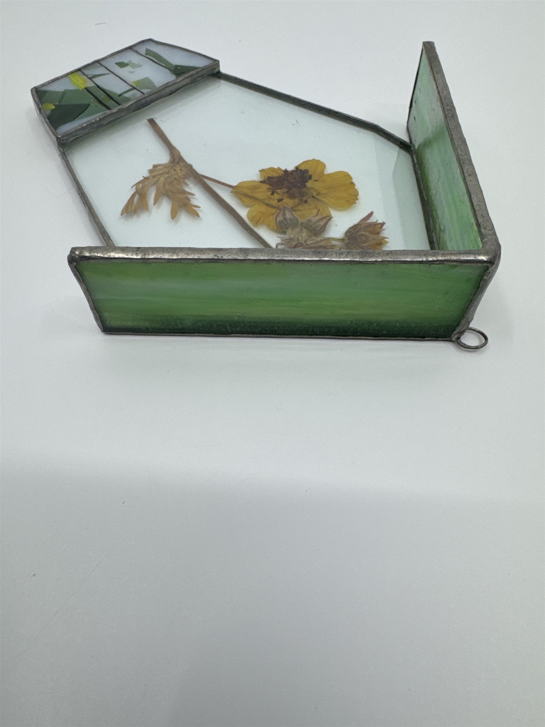Vintage House-Shaped Stained Glass with Pressed Dried Yellow Flower inside