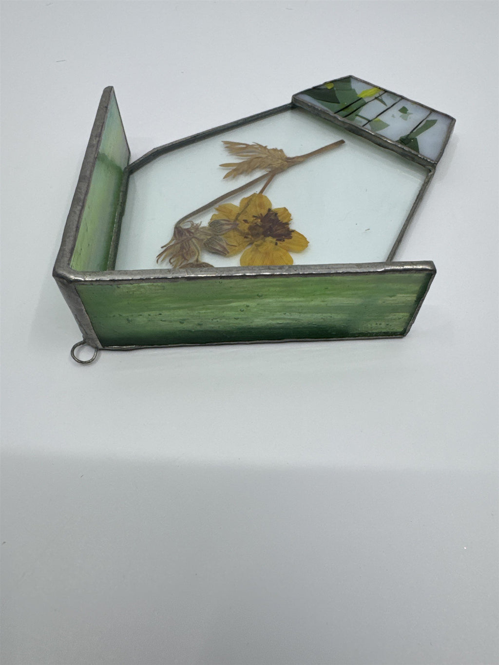 Vintage House-Shaped Stained Glass with Pressed Dried Yellow Flower inside