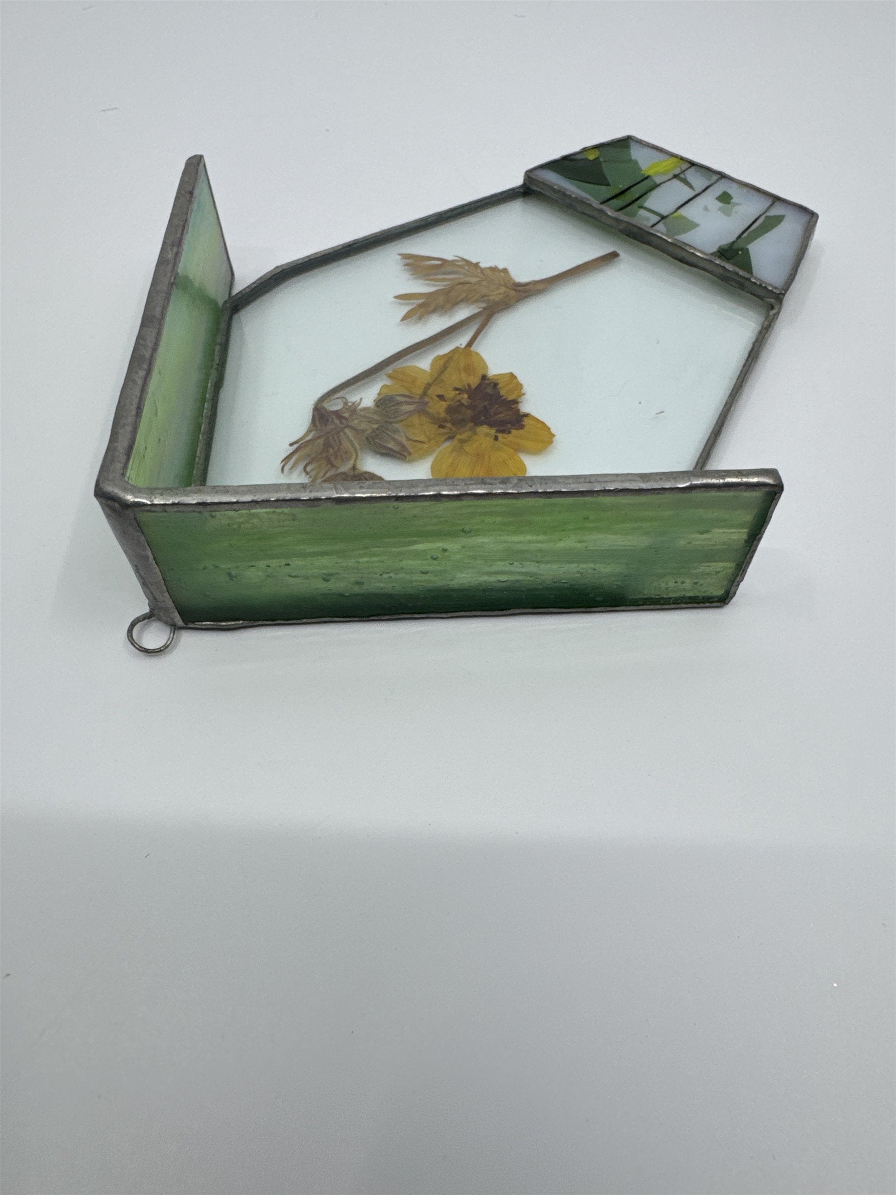 Vintage House-Shaped Stained Glass with Pressed Dried Yellow Flower inside