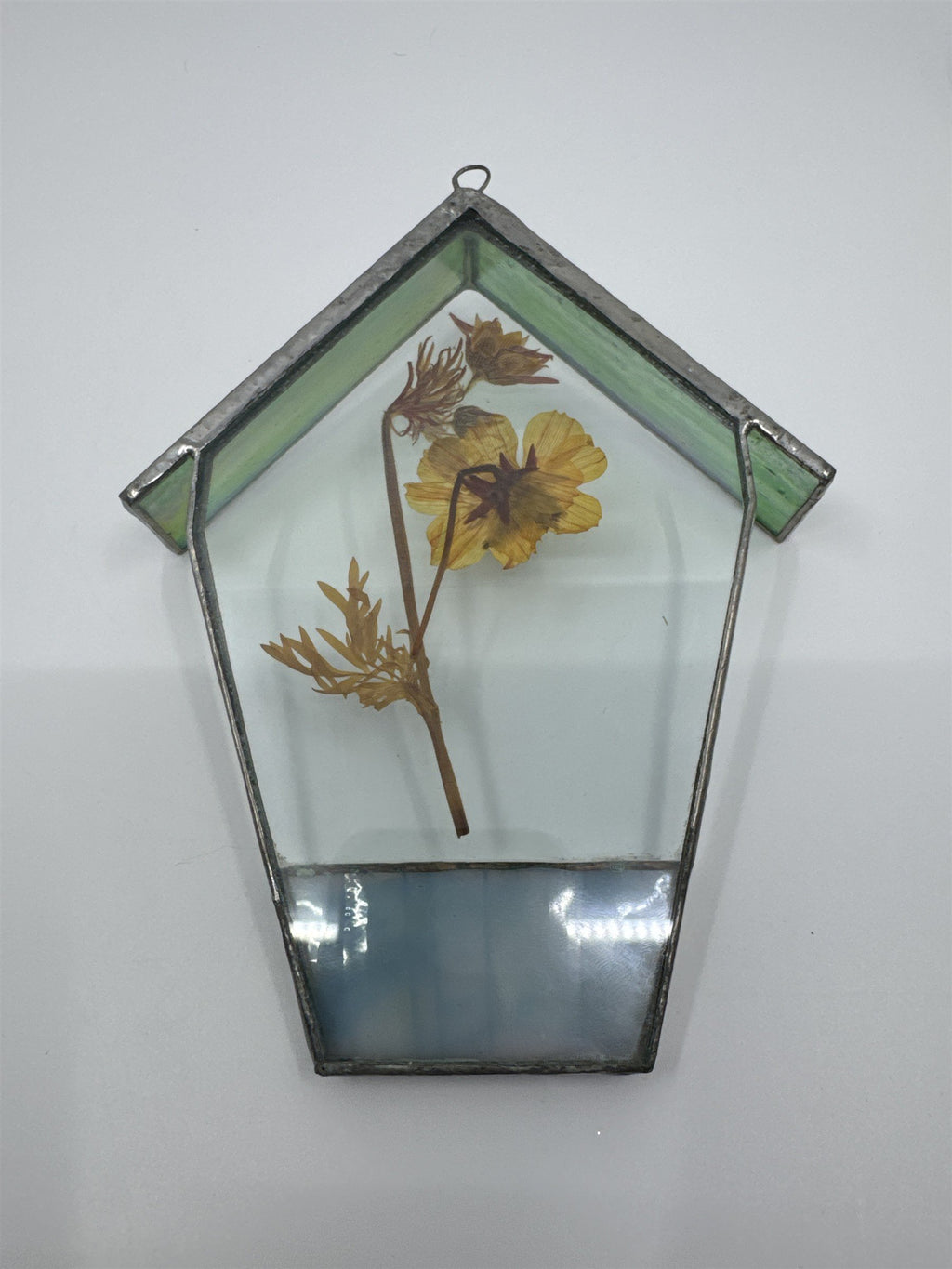 Vintage House-Shaped Stained Glass with Pressed Dried Yellow Flower inside