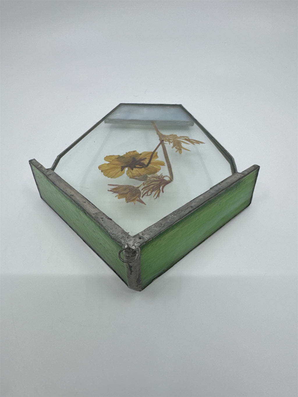 Vintage House-Shaped Stained Glass with Pressed Dried Yellow Flower inside