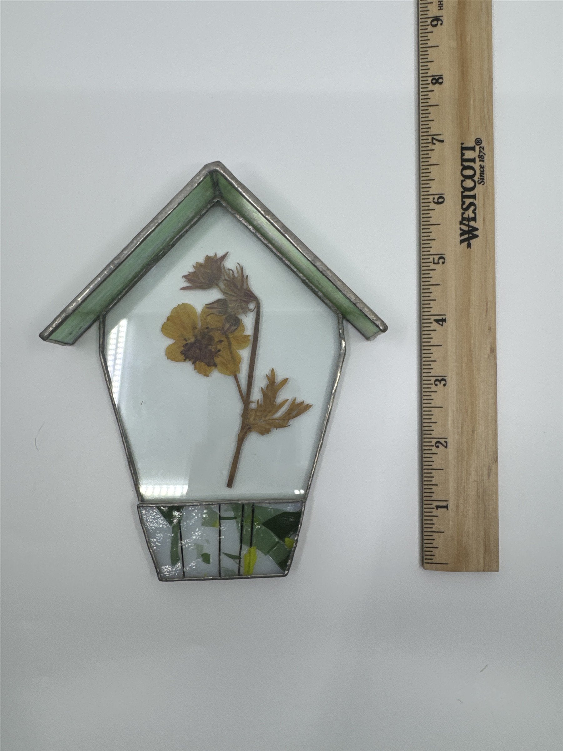 Vintage House-Shaped Stained Glass with Pressed Dried Yellow Flower inside
