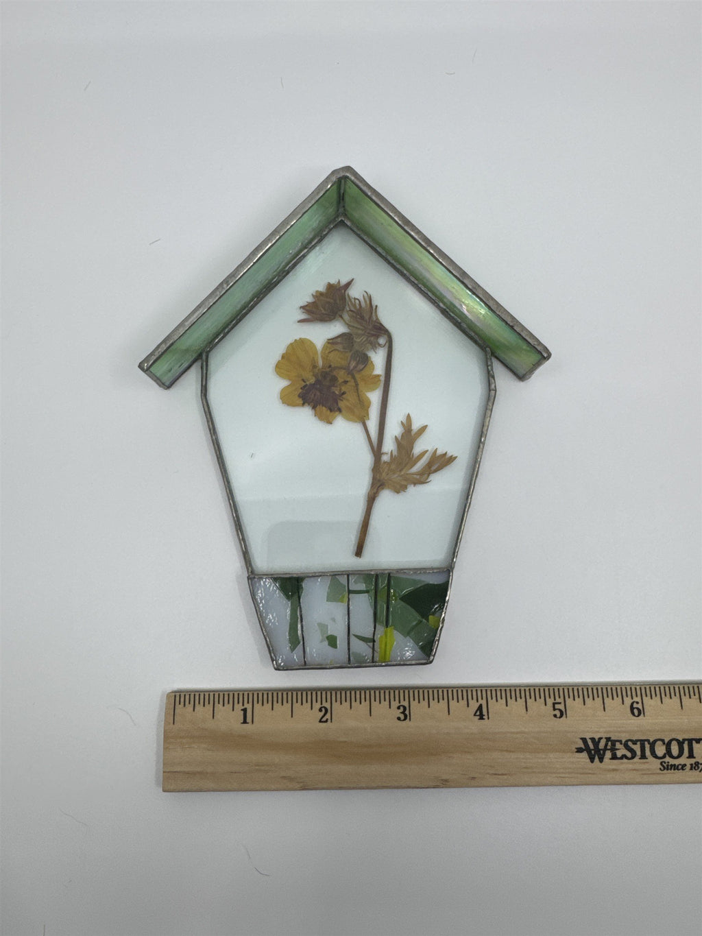 Vintage House-Shaped Stained Glass with Pressed Dried Yellow Flower inside