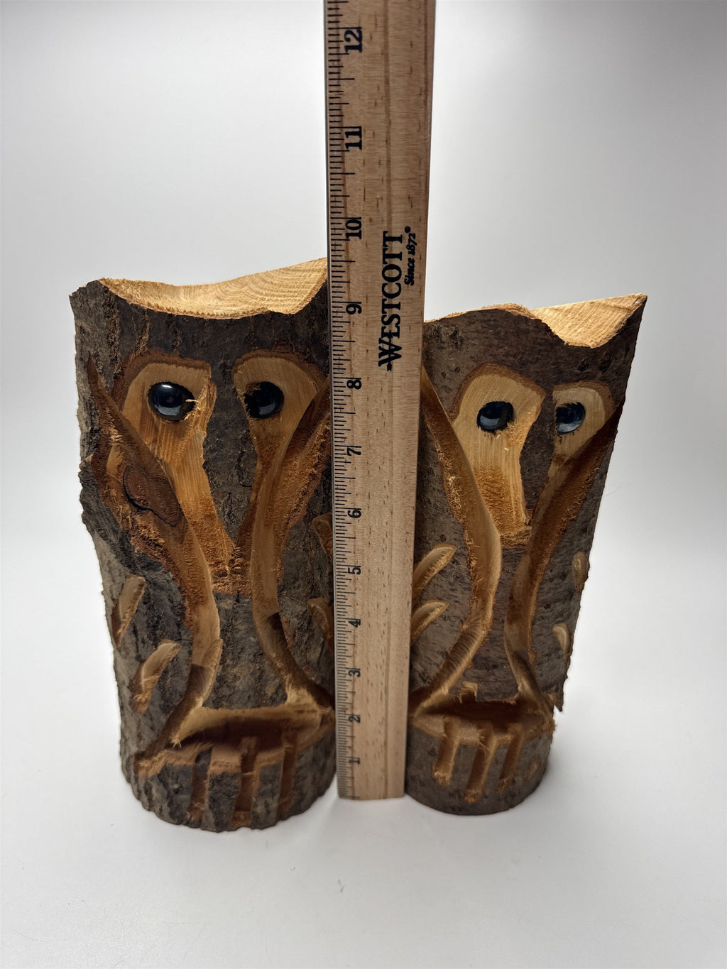 2x Hand Carved Wooden Owl Statues with Marble Eyes Made in Pennsylvania Knoebels