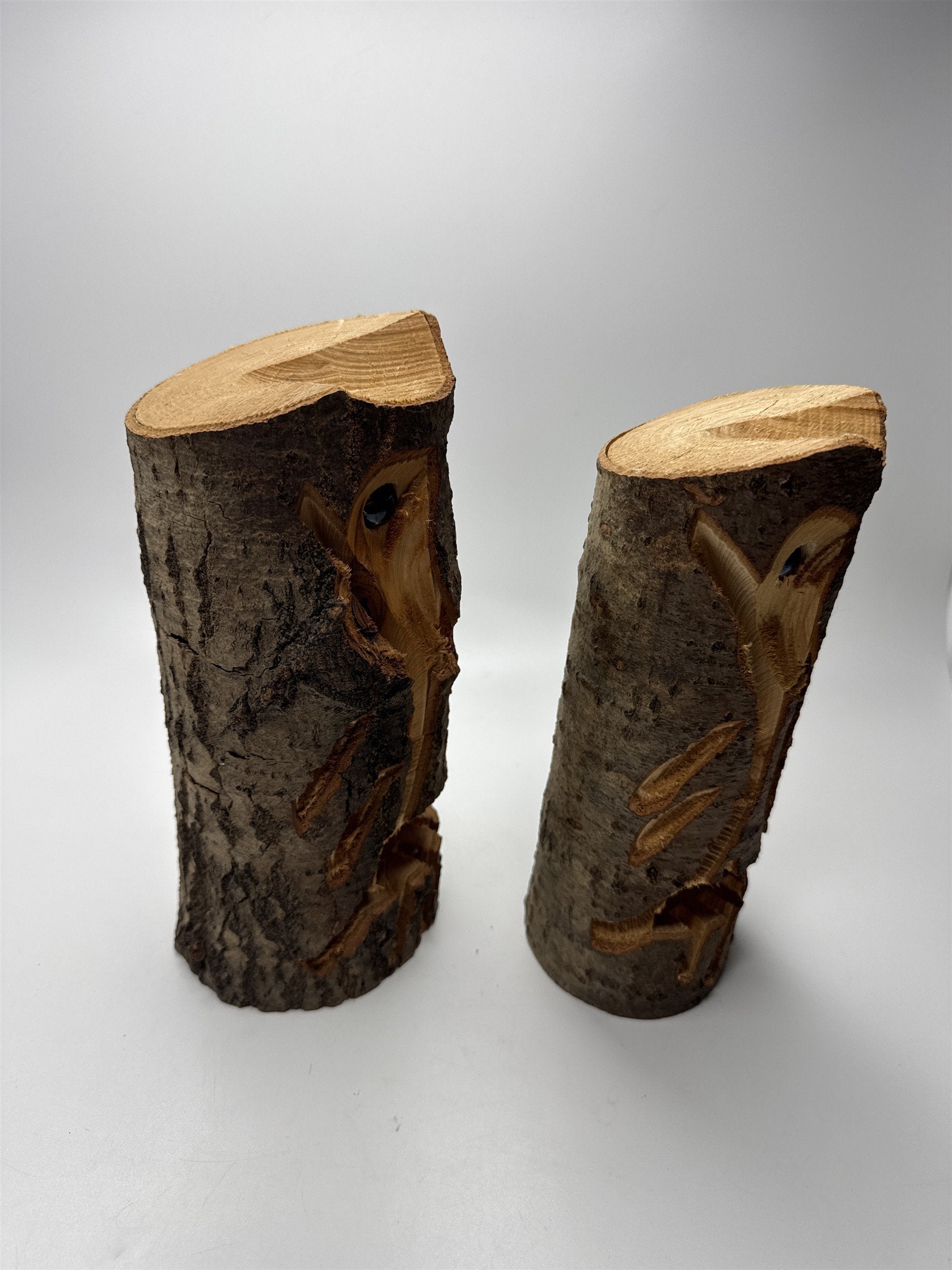 2x Hand Carved Wooden Owl Statues with Marble Eyes Made in Pennsylvania Knoebels