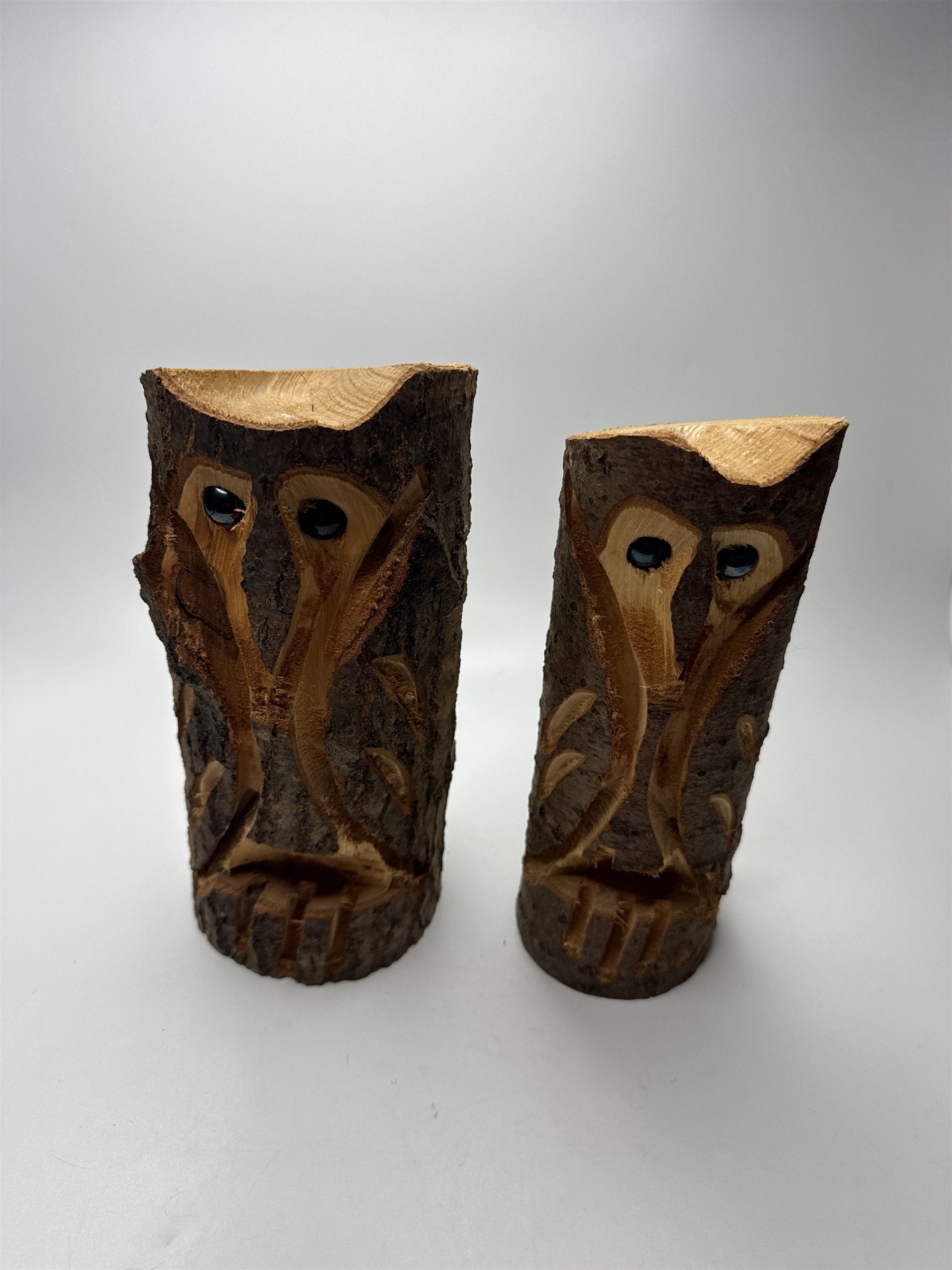 2x Hand Carved Wooden Owl Statues with Marble Eyes Made in Pennsylvania Knoebels
