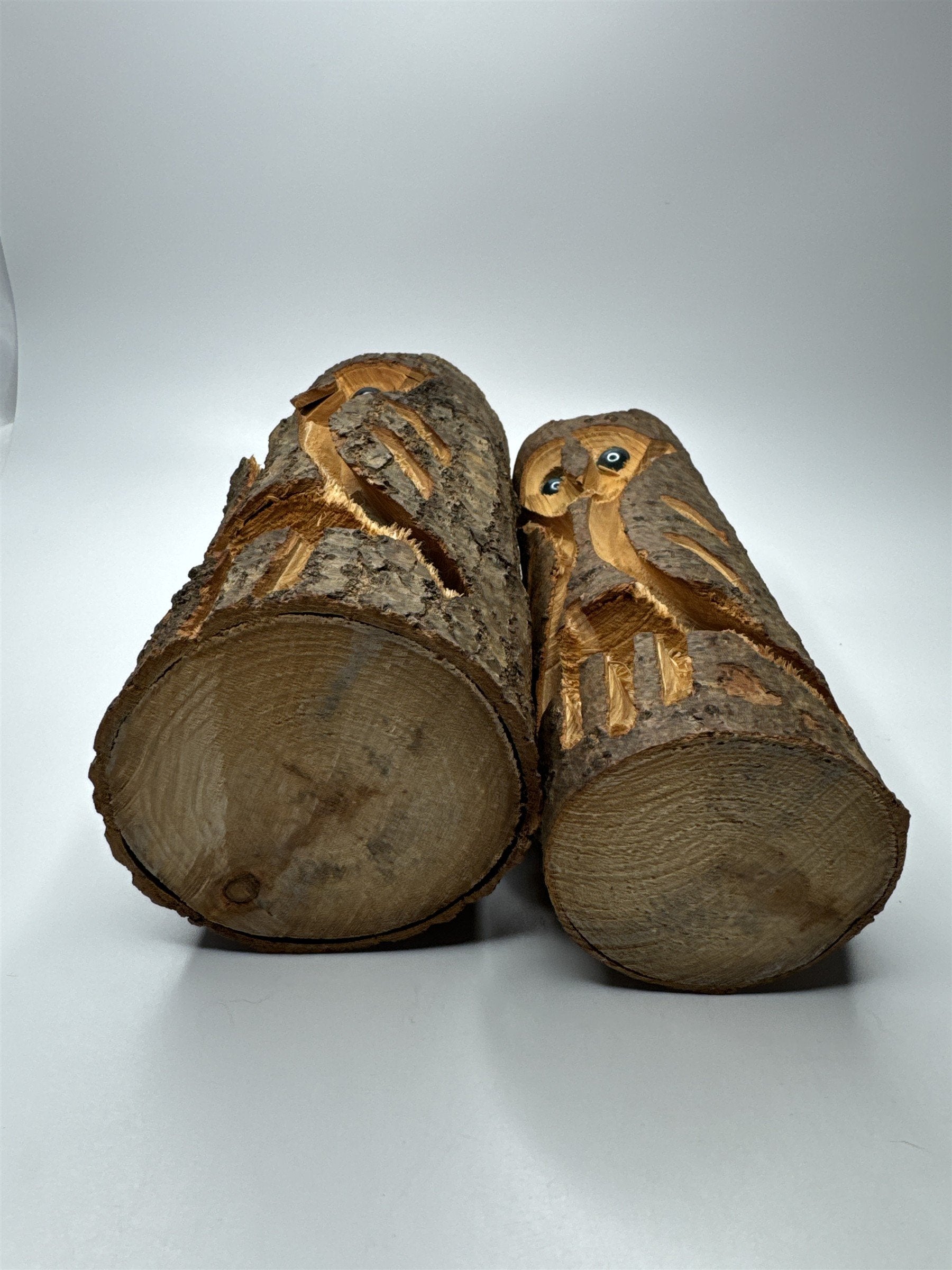 2x Hand Carved Wooden Owl Statues with Marble Eyes Made in Pennsylvania Knoebels