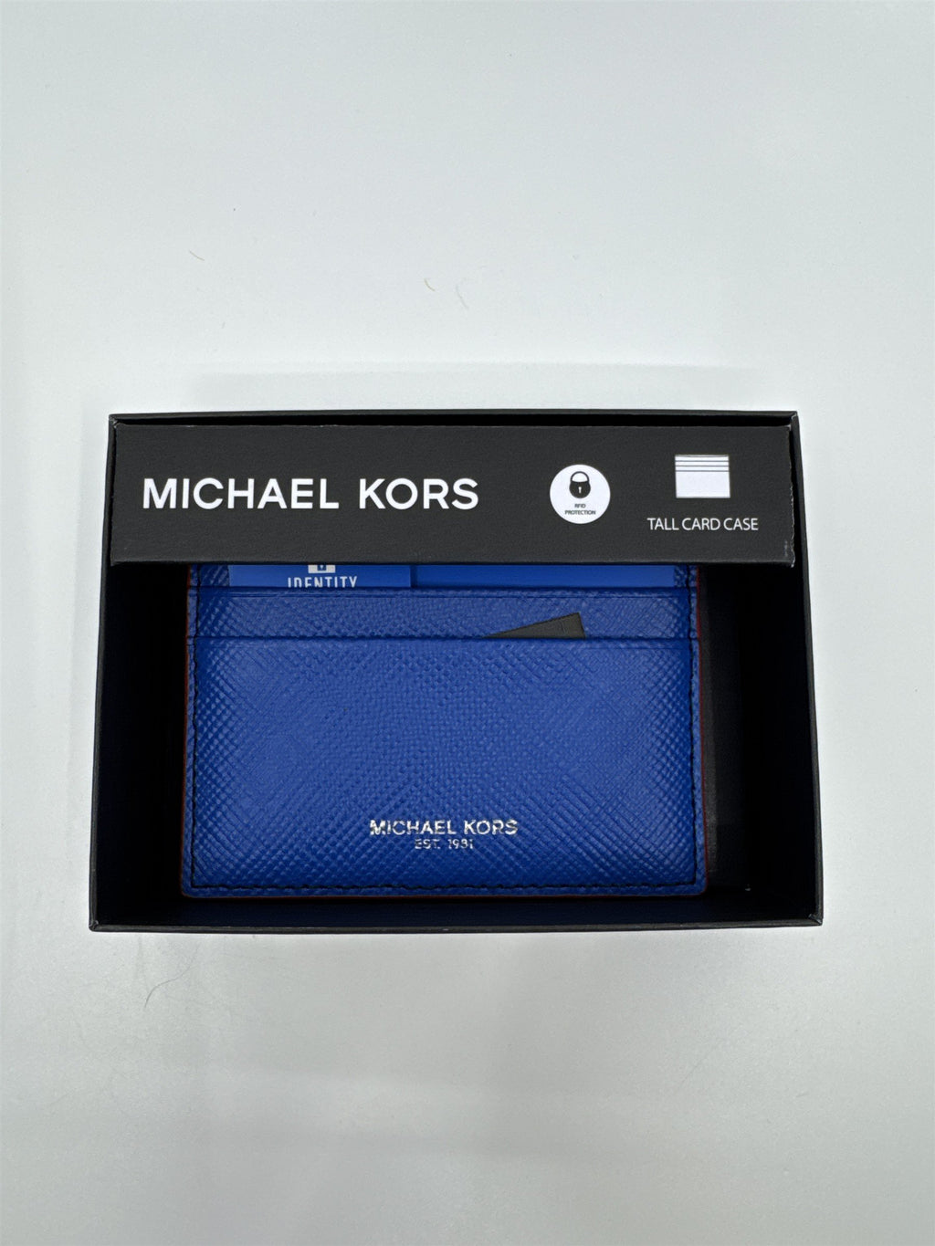 Michael Kors Electric Blue Tall Card/Identity Protection Wallet with Red Trim