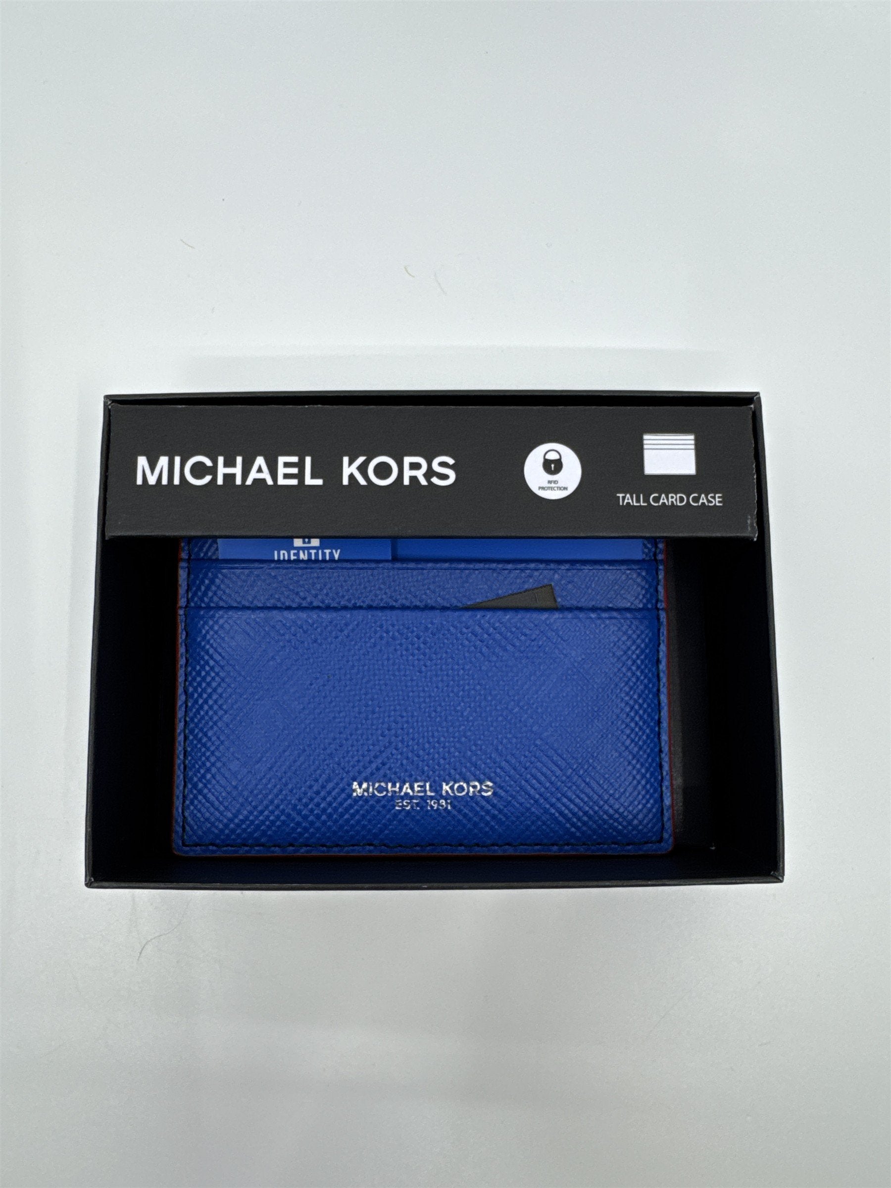 Michael Kors Electric Blue Tall Card/Identity Protection Wallet with Red Trim