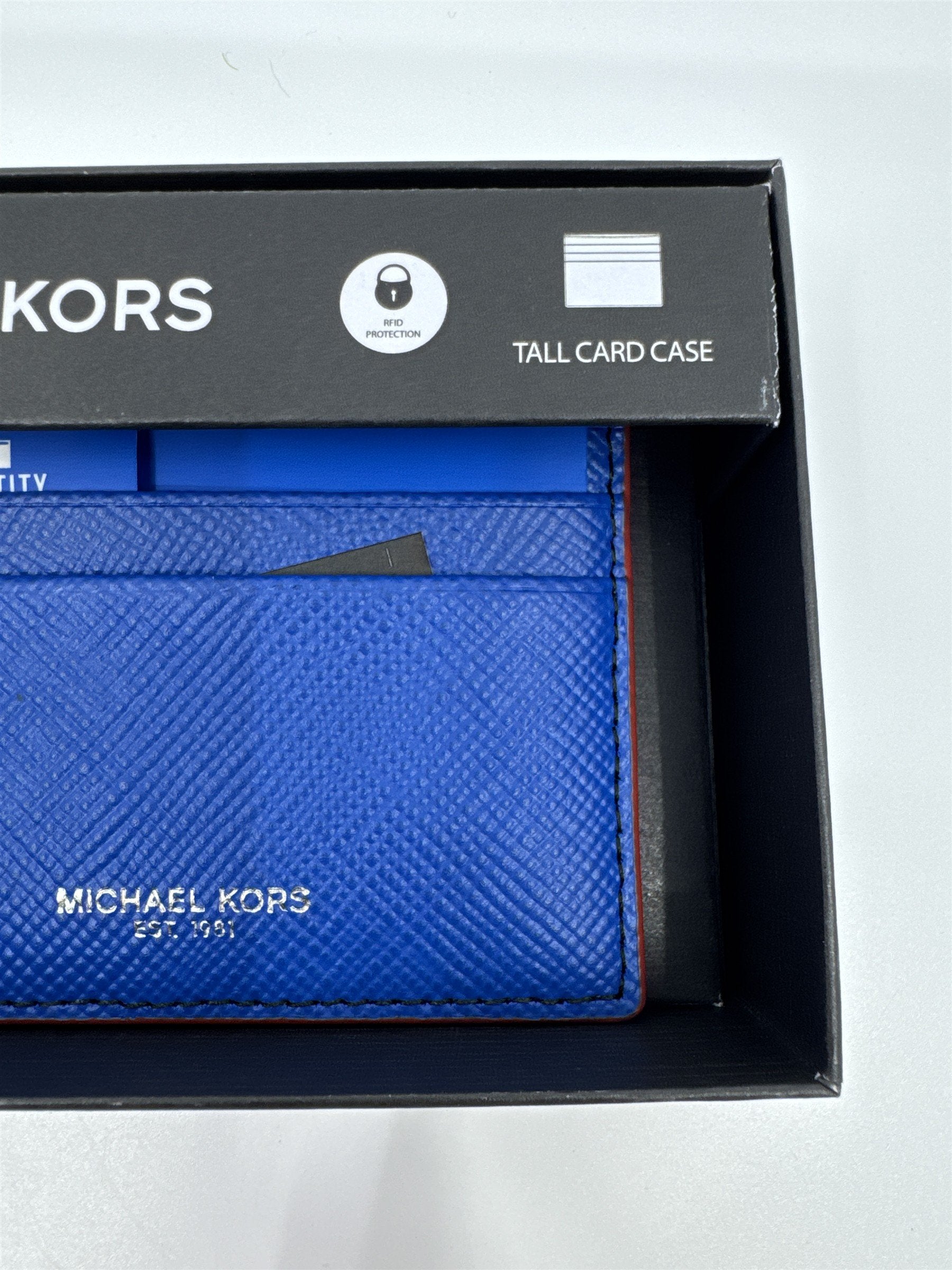 Michael Kors Electric Blue Tall Card/Identity Protection Wallet with Red Trim