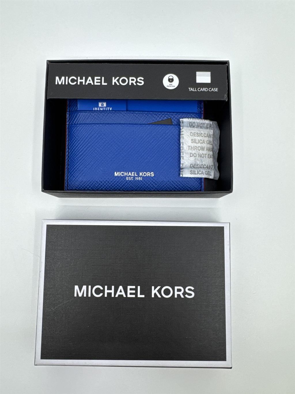 Michael Kors Electric Blue Tall Card/Identity Protection Wallet with Red Trim