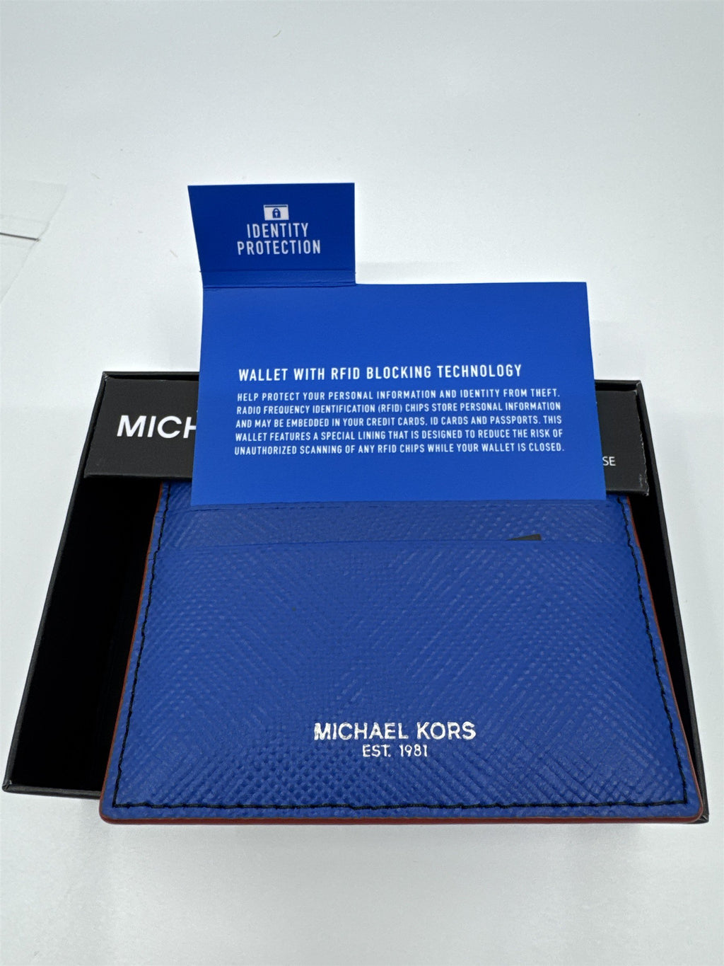 Michael Kors Electric Blue Tall Card/Identity Protection Wallet with Red Trim