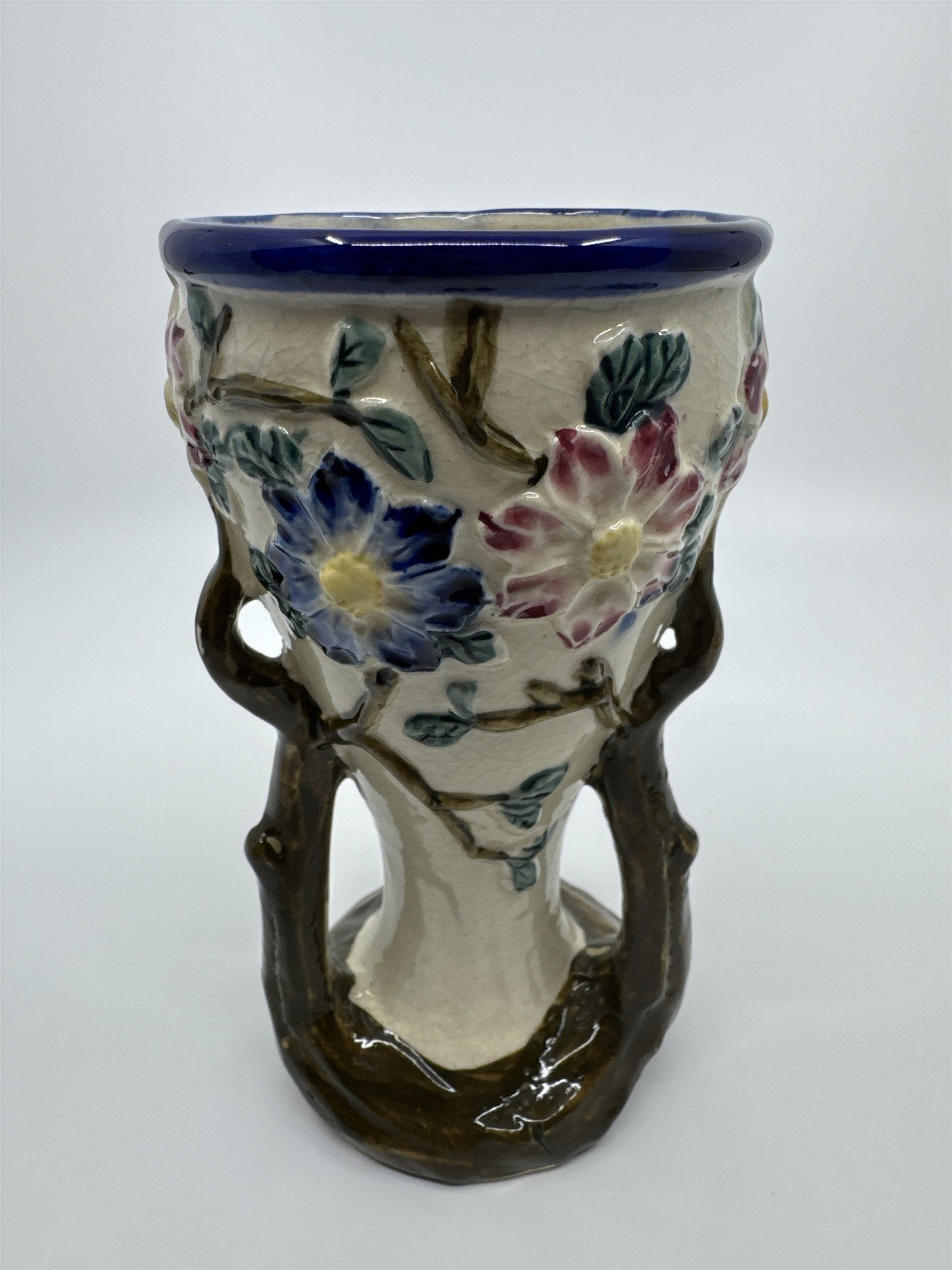 Vintage Floral Painted Ceramic Vase with Tree Branches and Leaves Made In Japan