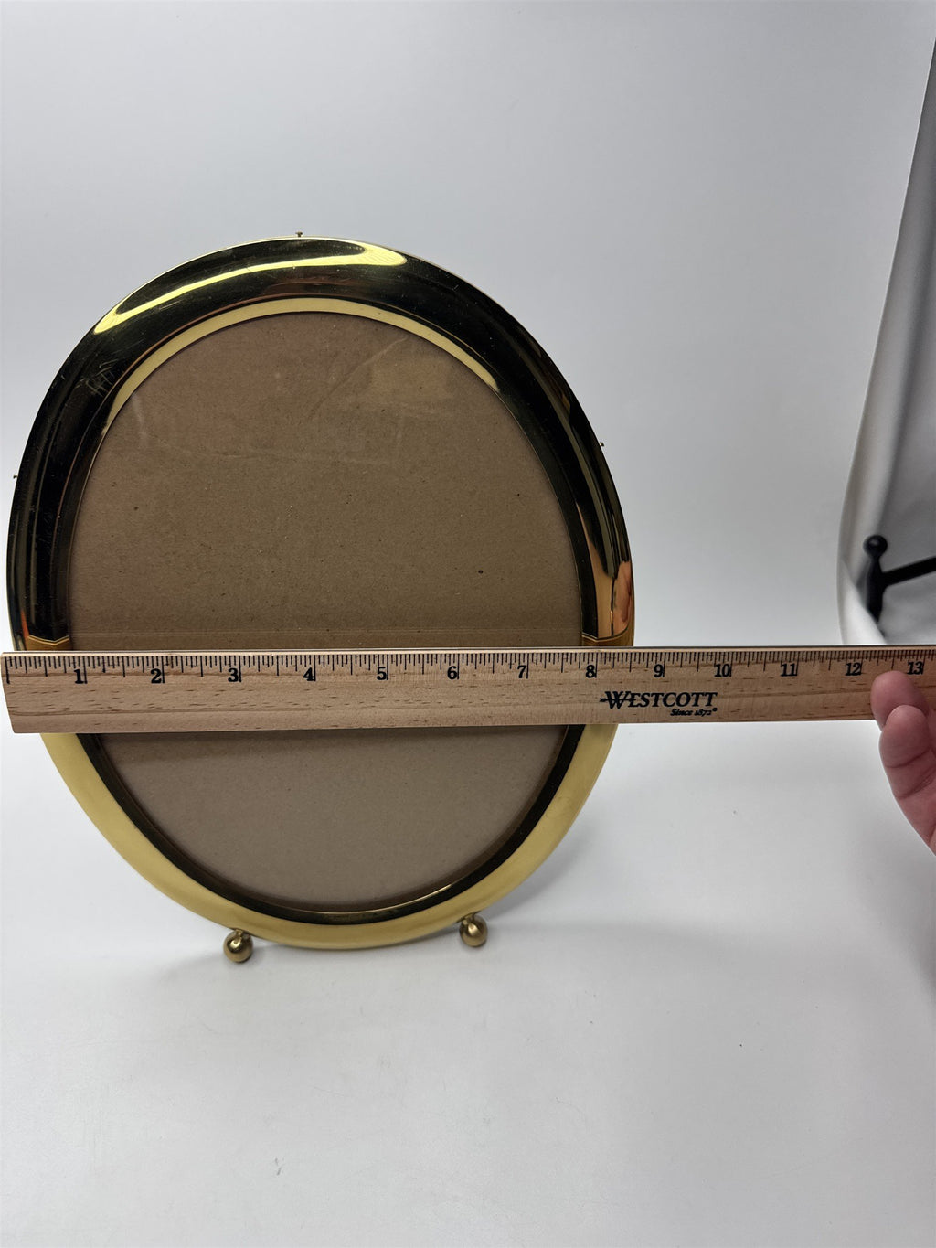 Vintage Brass Footed Oval Glass Picture Photo Frame Velvet Easel Black Gold Knob