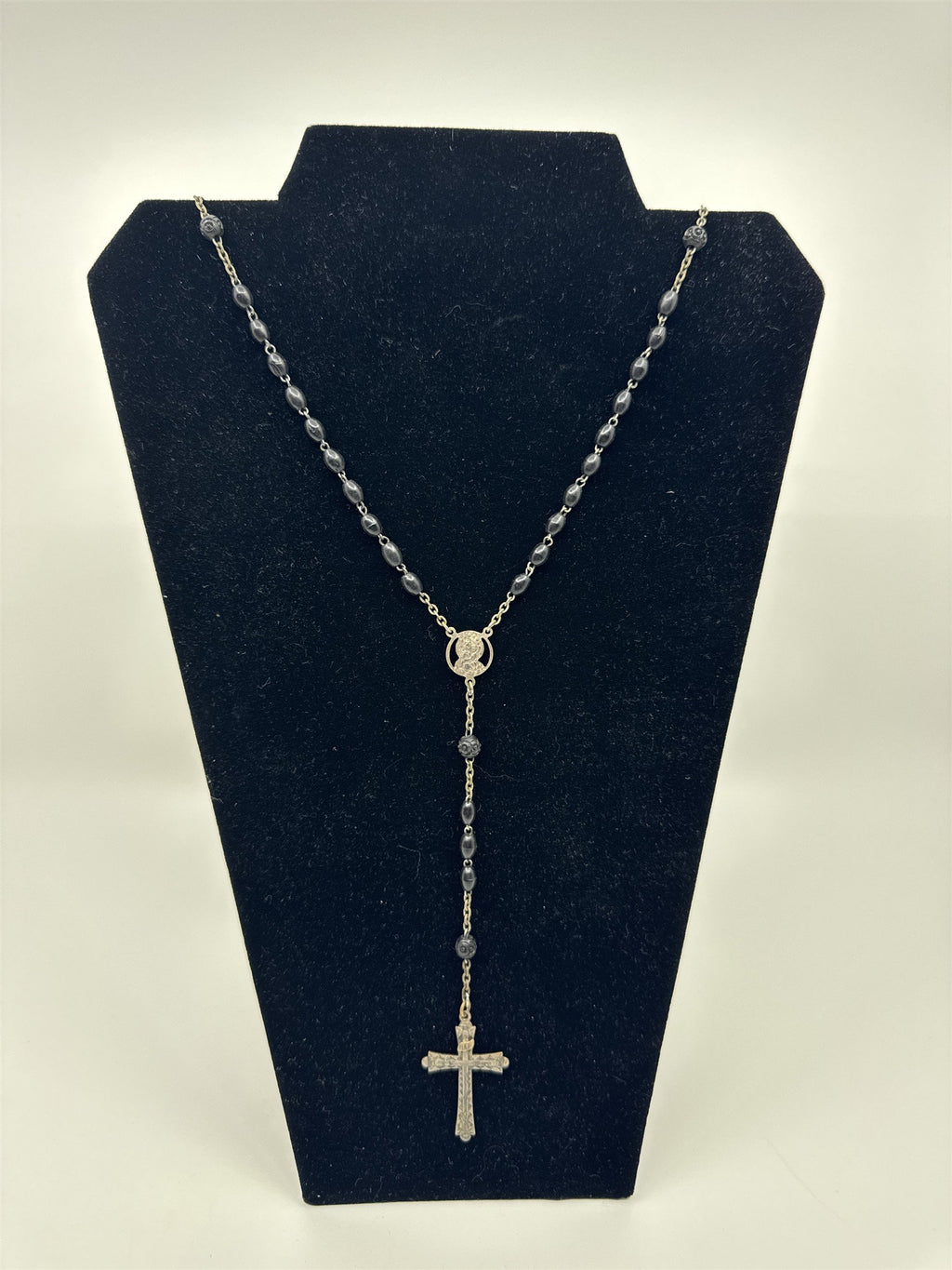 Vintage INRI Black Beaded Rosary and Cross Miraculous Pendant Catholic Rosary