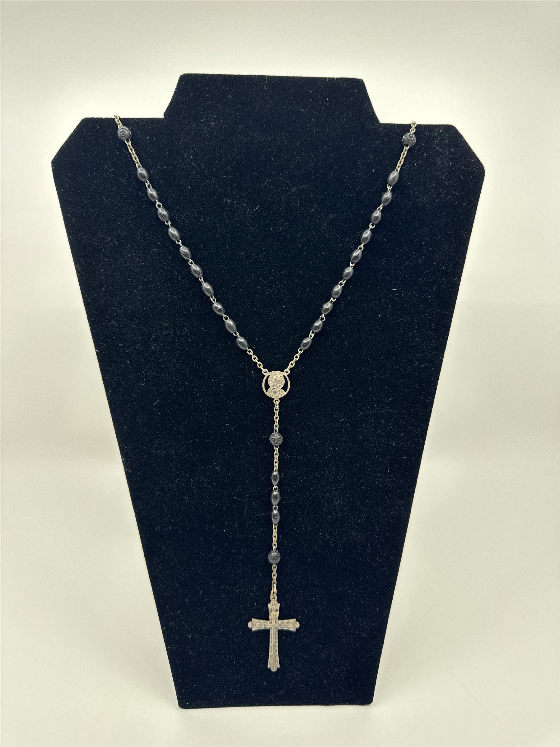 Vintage INRI Black Beaded Rosary and Cross Miraculous Pendant Catholic Rosary