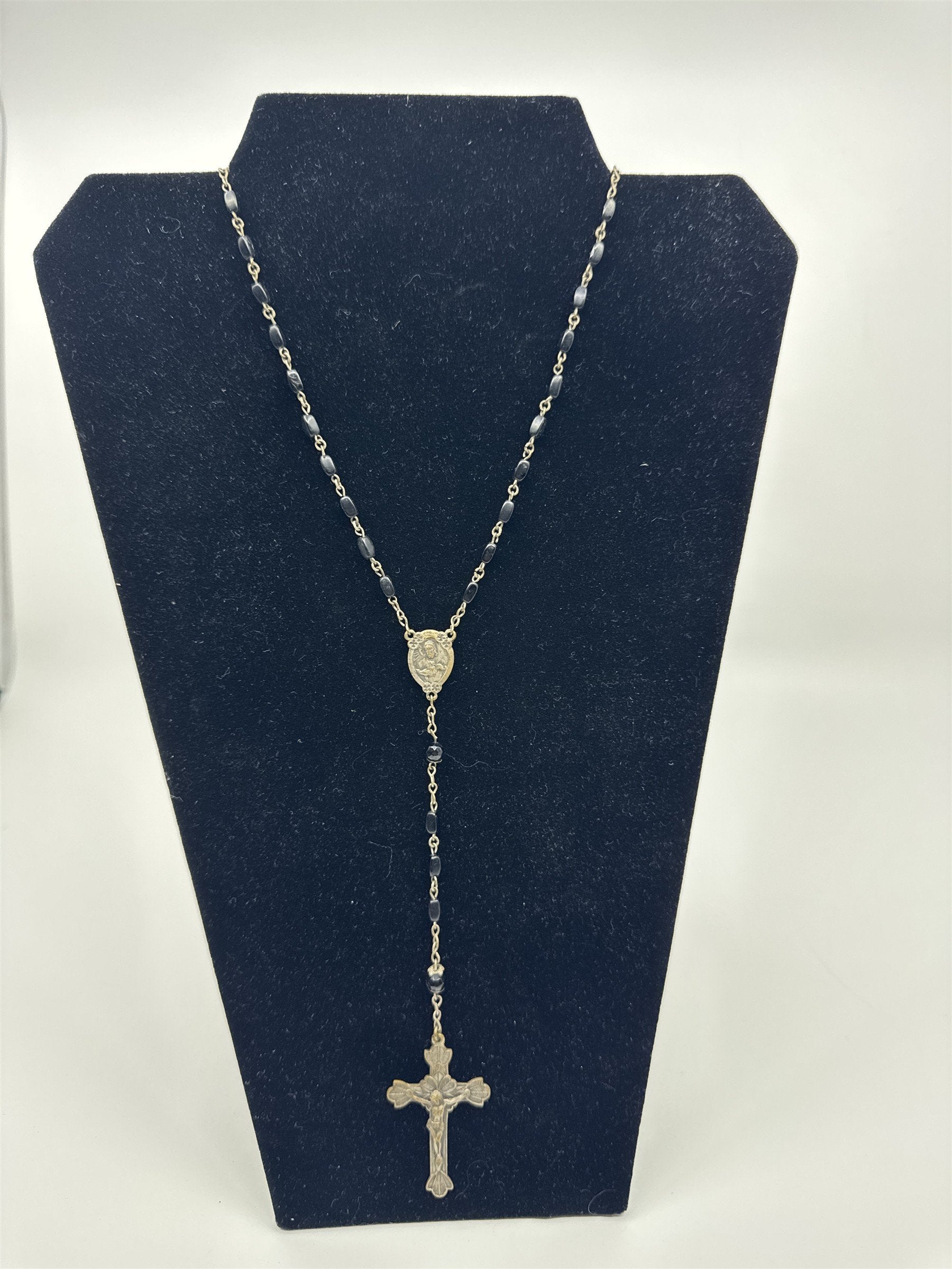 Vintage INRI Black Beaded Rosary and Cross Miraculous Pendant Catholic Rosary