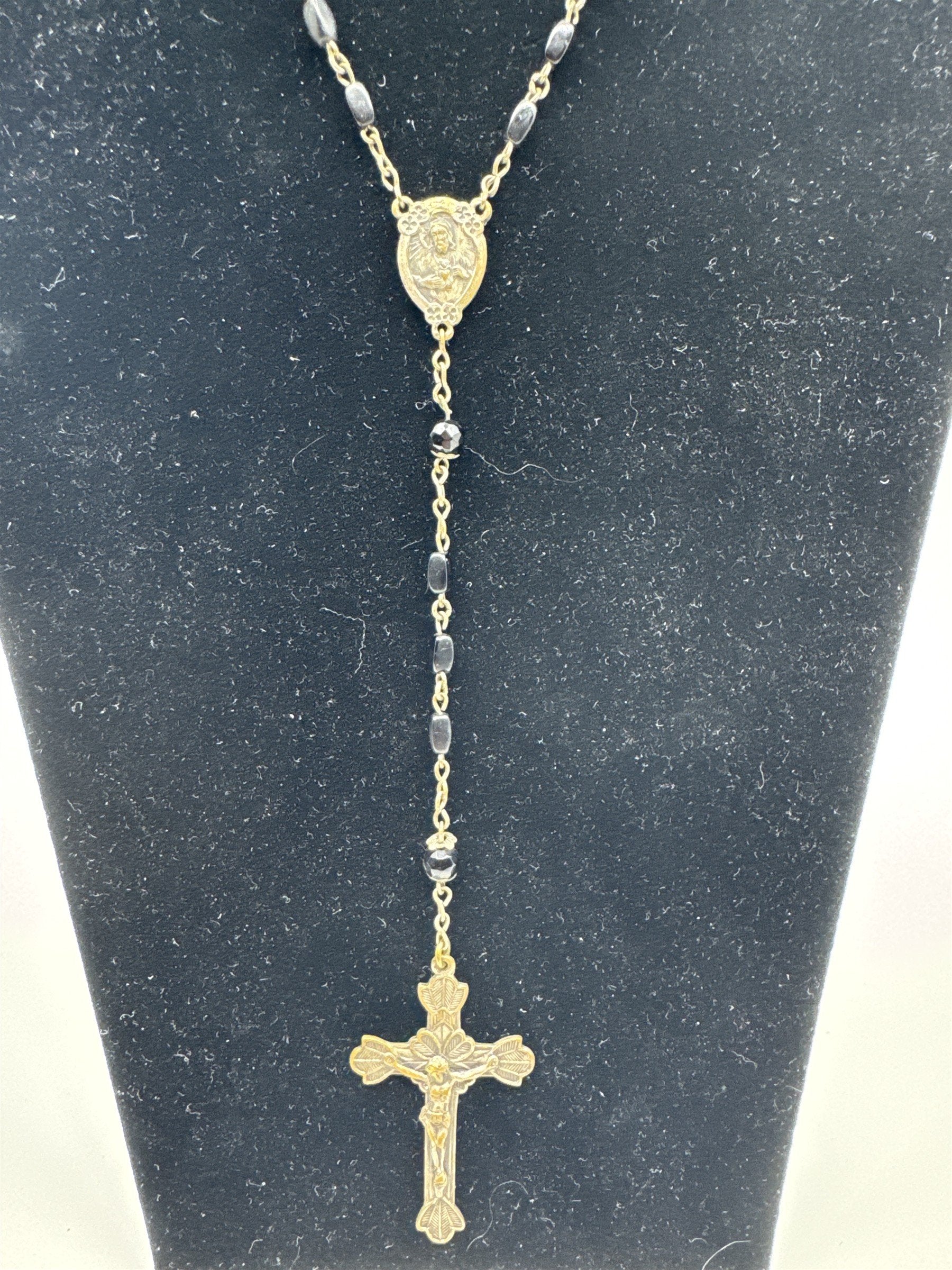 Vintage INRI Black Beaded Rosary and Cross Miraculous Pendant Catholic Rosary