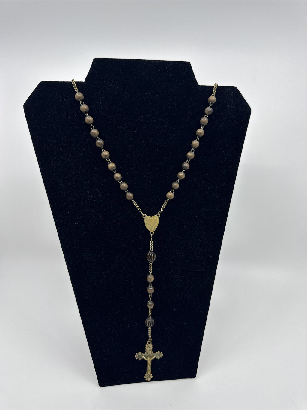 Vintage INRI Brown Wood Beaded Rosary Cross Back Message Pendant Catholic Rosary