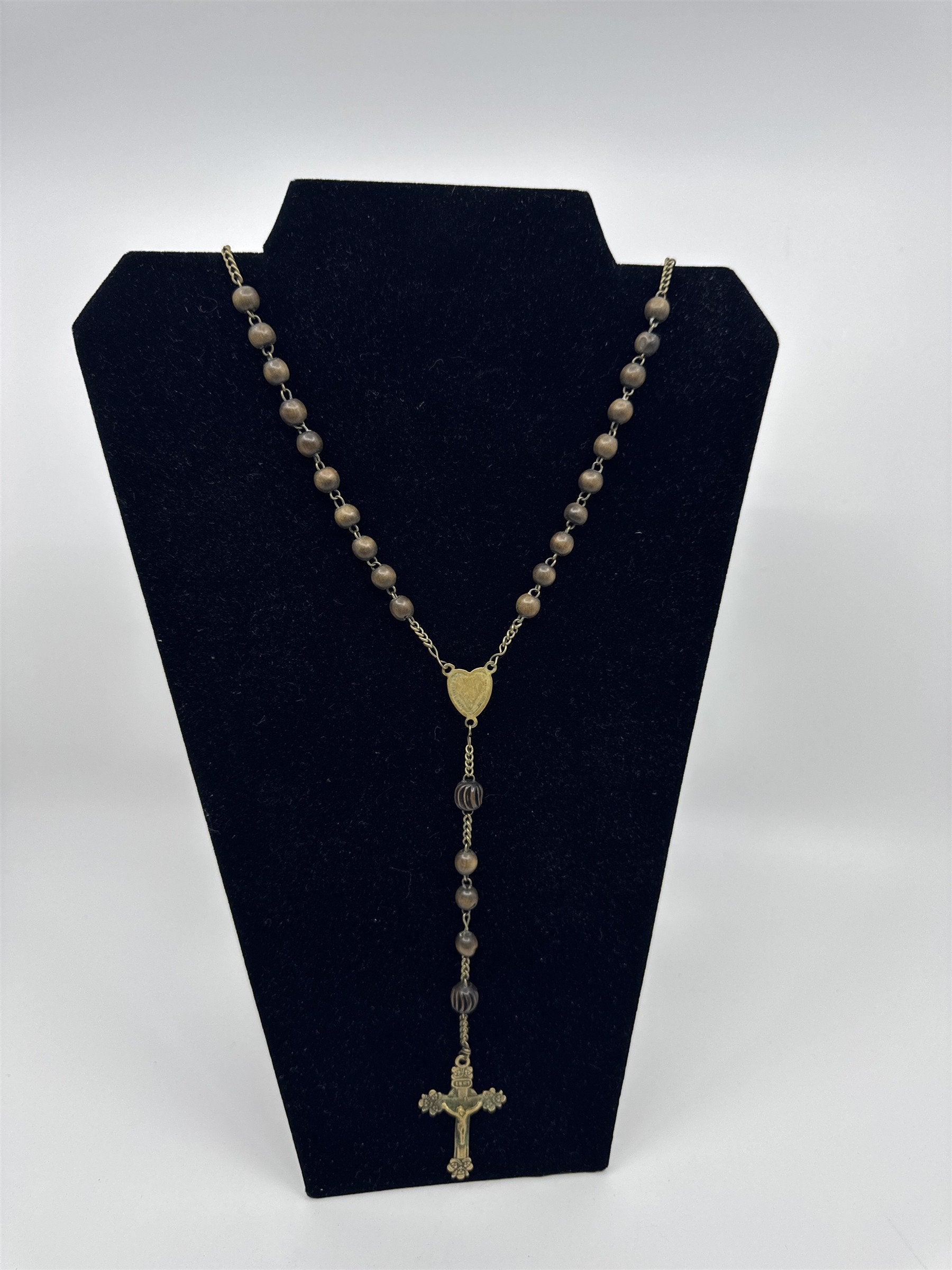 Vintage INRI Brown Wood Beaded Rosary Cross Back Message Pendant Catholic Rosary
