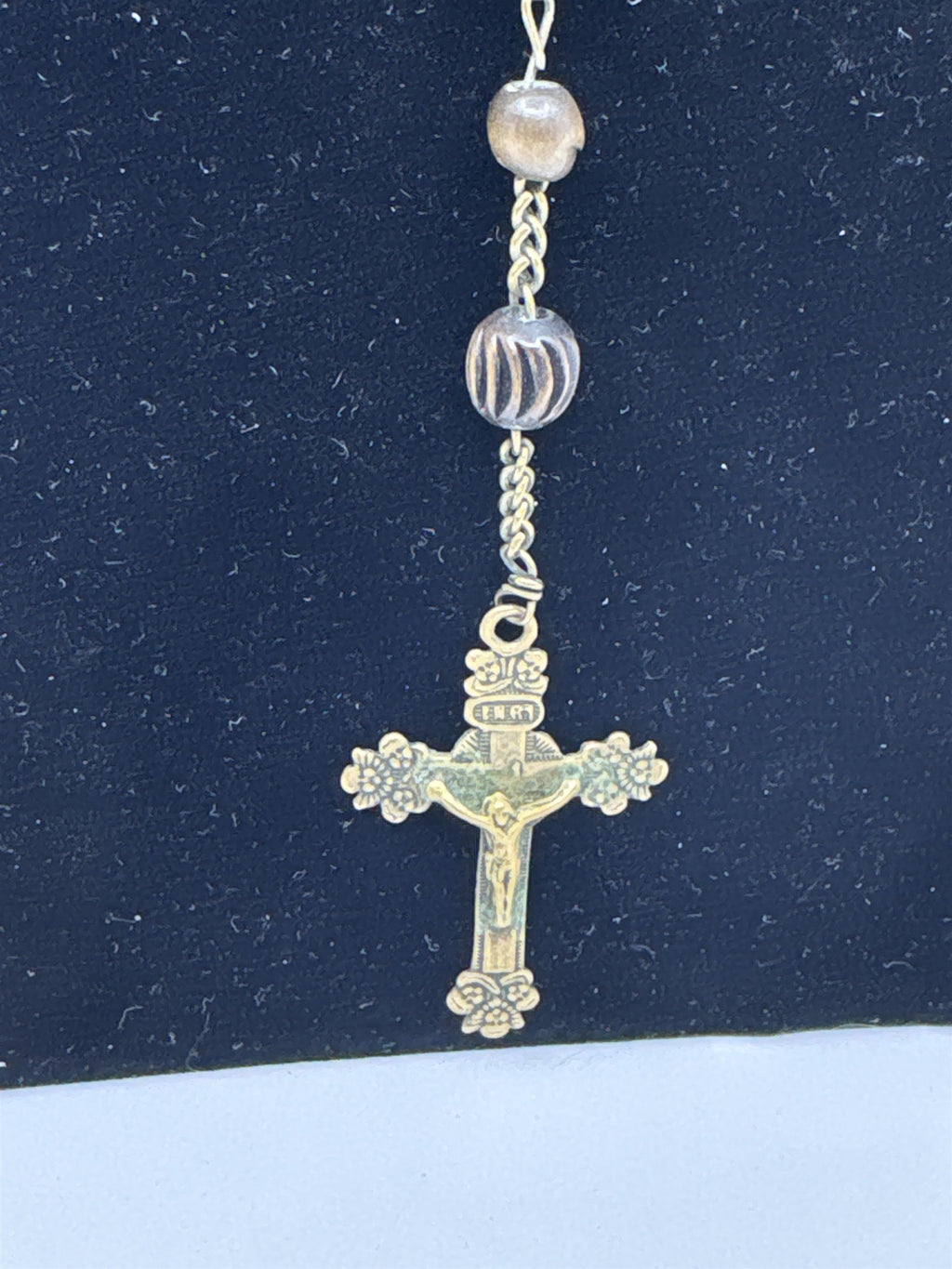 Vintage INRI Brown Wood Beaded Rosary Cross Back Message Pendant Catholic Rosary